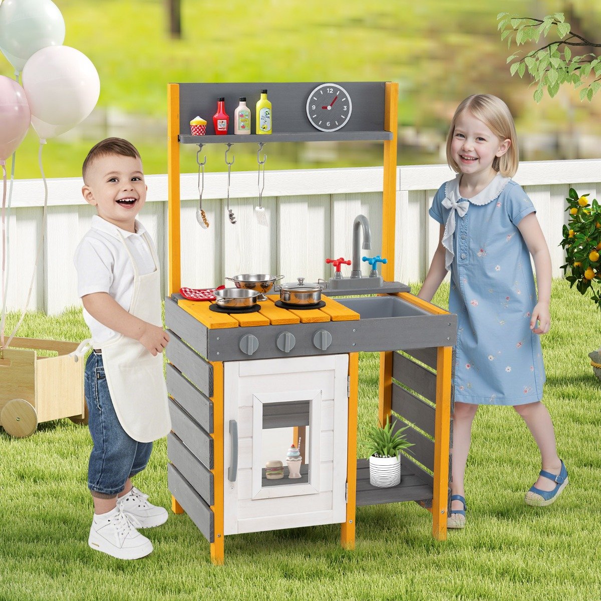Mud Kitchen for Kids with Stoves Removable Sink and Faucet-Grey