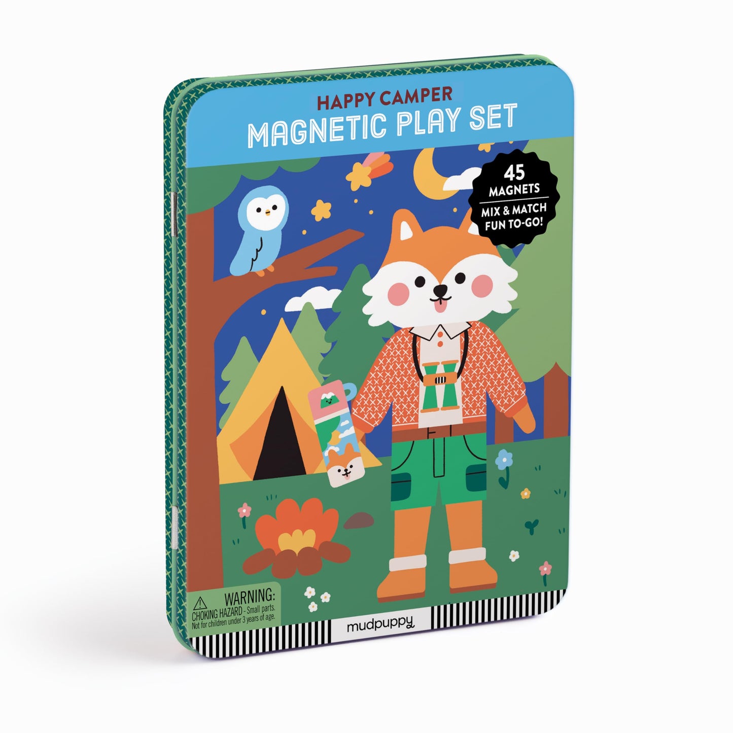 Mudpuppy Happy Camper Magnetic Play Set – 45 Mix & Match Magnets, 2 Forest Scenes, Travel Tin