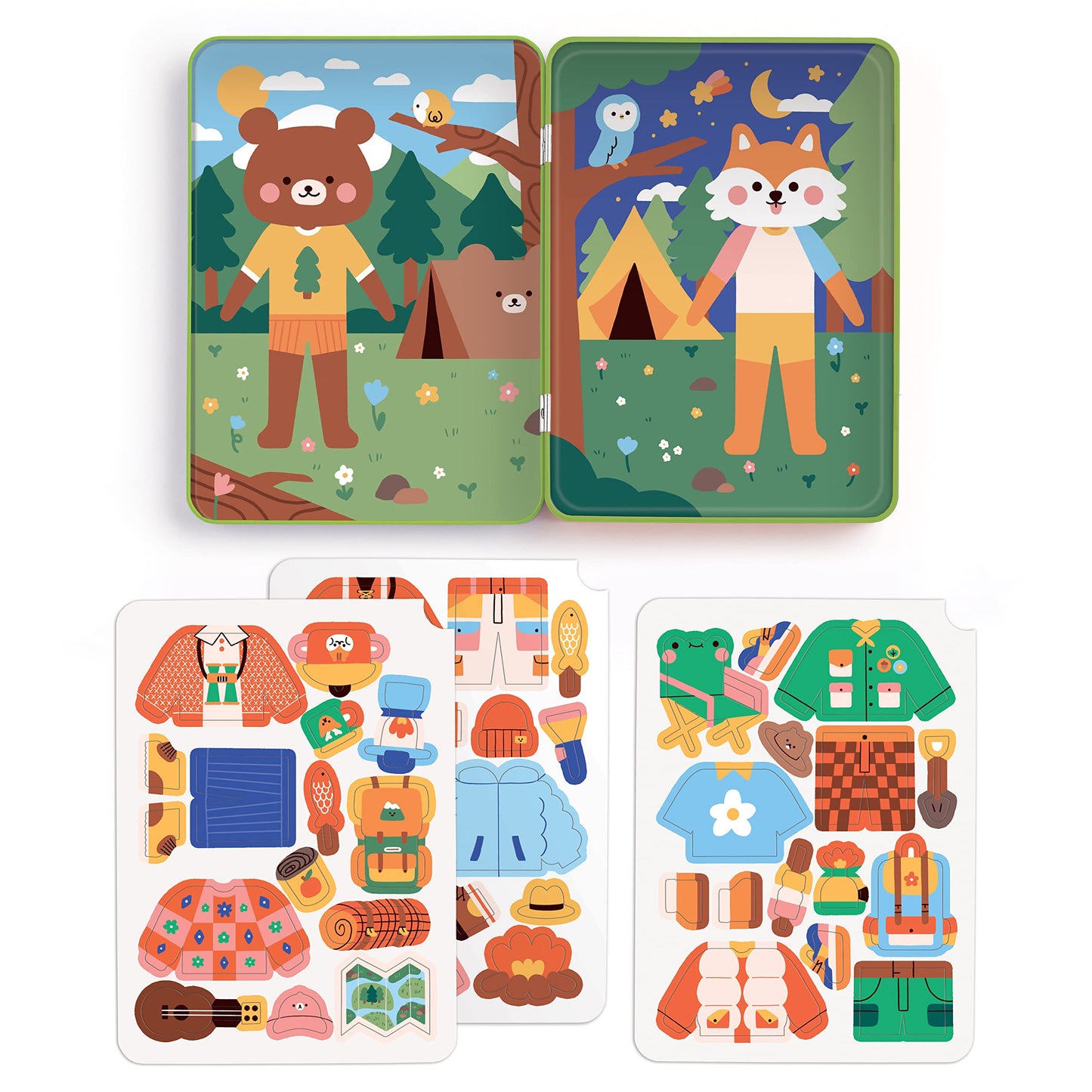 Mudpuppy Happy Camper Magnetic Play Set – 45 Mix & Match Magnets, 2 Forest Scenes, Travel Tin