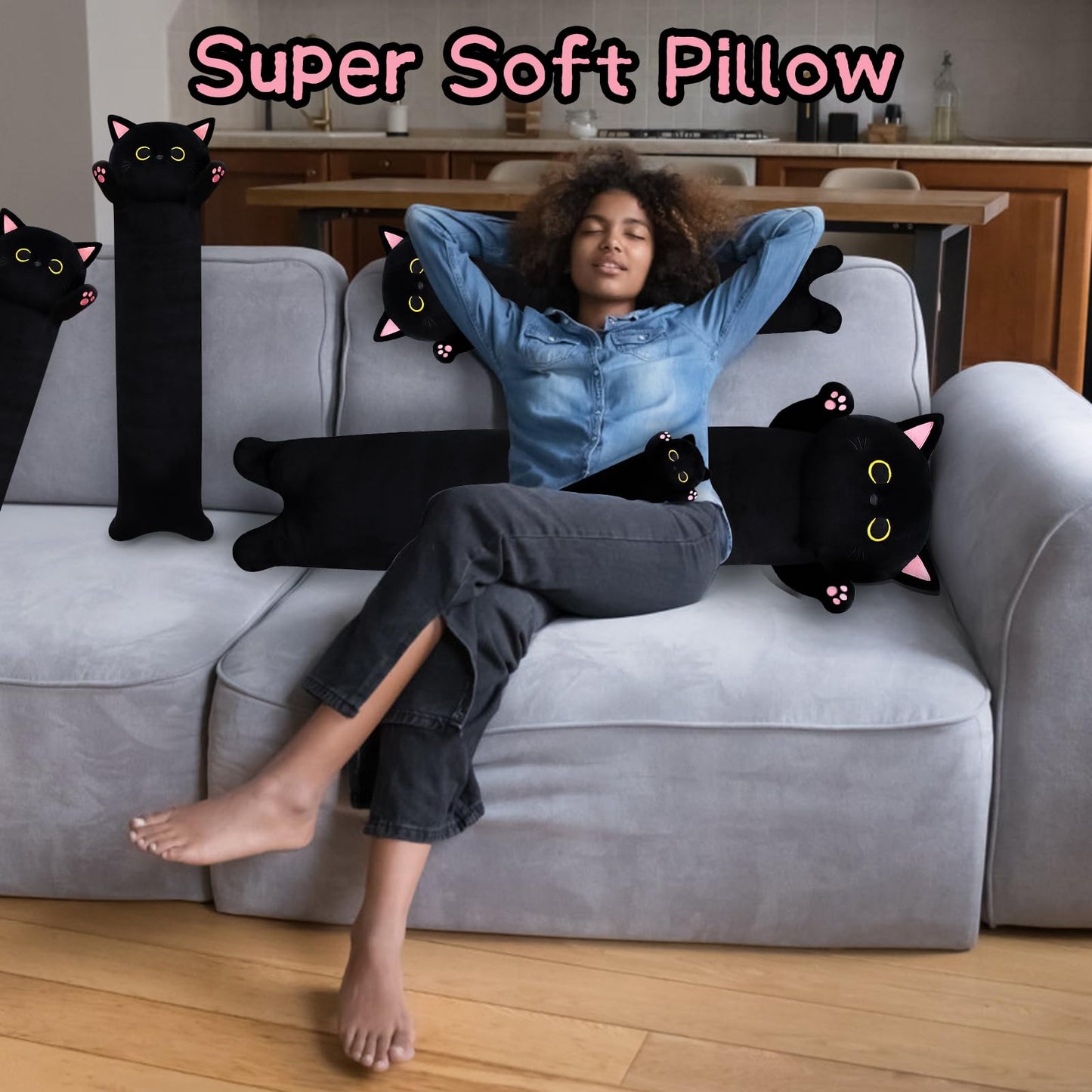 MUFEIRUO Long Black Cat Plush Pillow – 40.5-Inch Kawaii Cat Throw Pillow