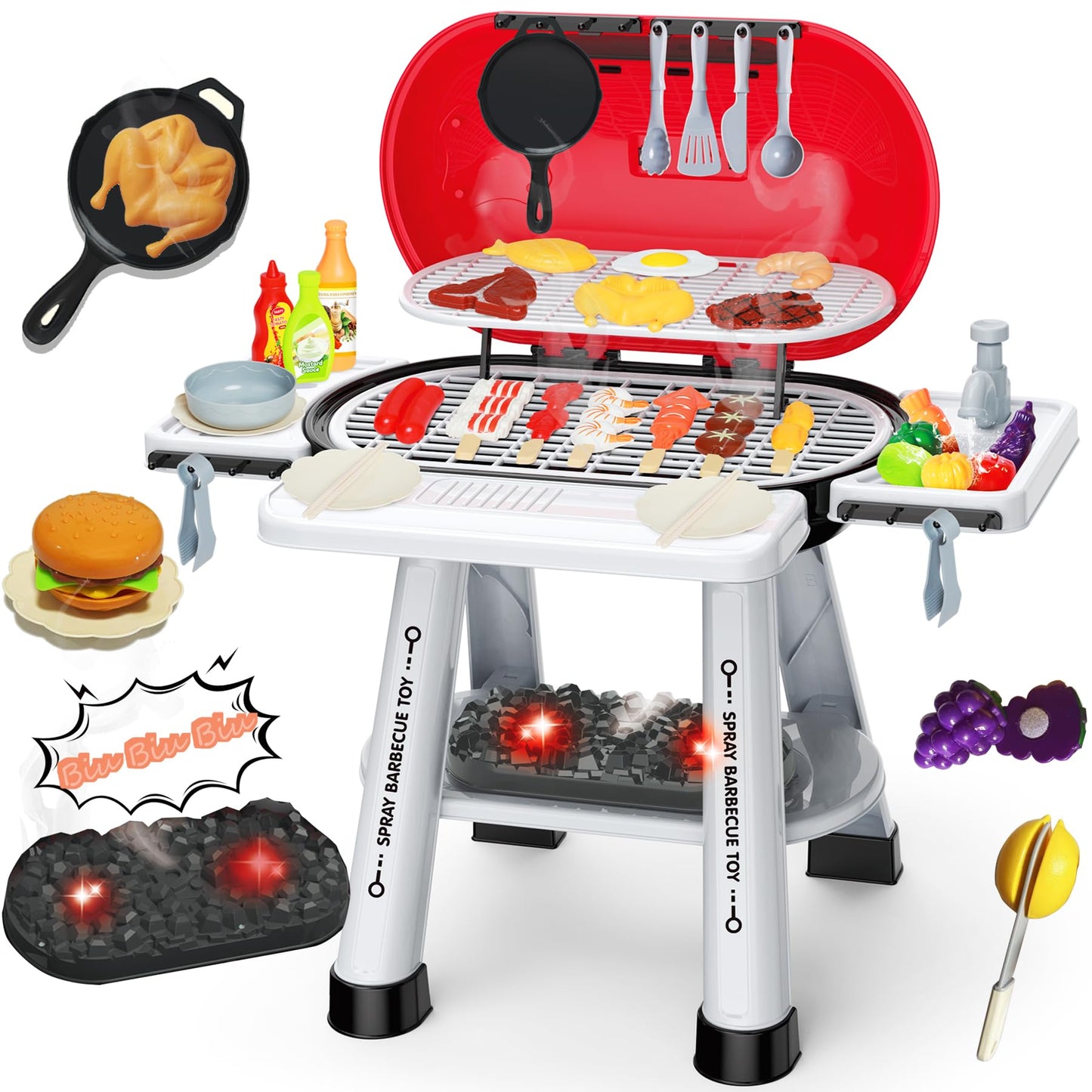MUGEYMYD Play Kitchen Grill Set for Kids 3-8 | Indoor/Outdoor Pretend BBQ with Smoke & Lights