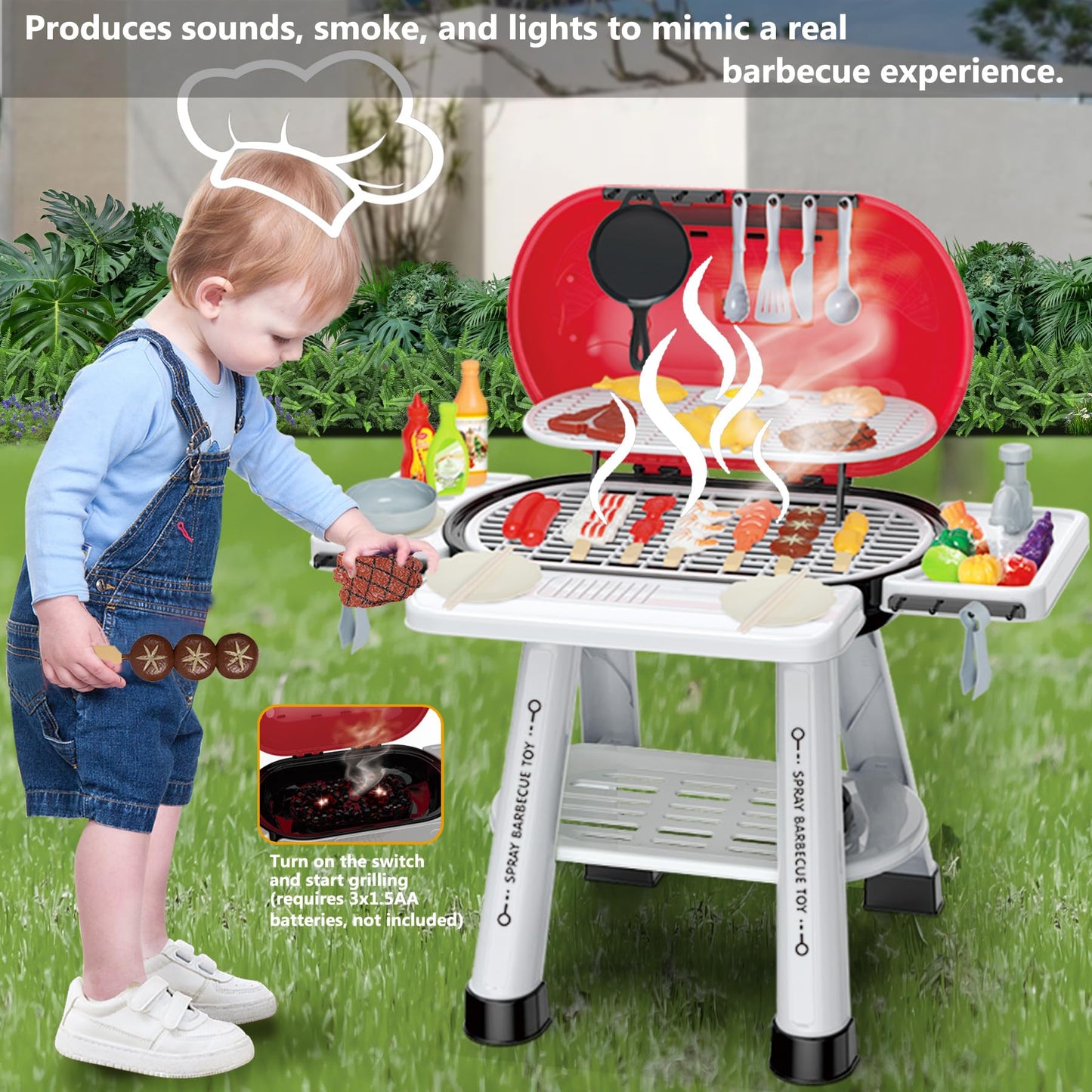 MUGEYMYD Play Kitchen Grill Set for Kids 3-8 | Indoor/Outdoor Pretend BBQ with Smoke & Lights