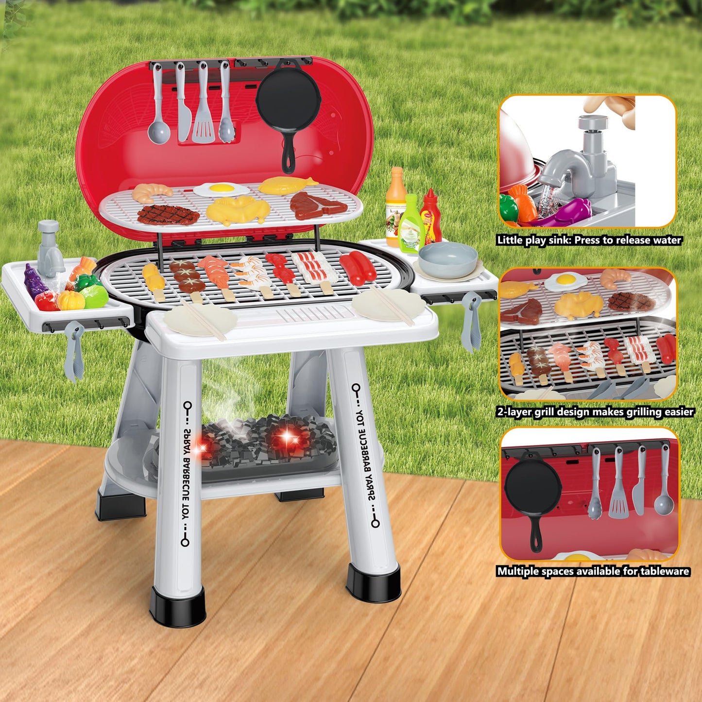 MUGEYMYD Play Kitchen Grill Set for Kids 3-8 | Indoor/Outdoor Pretend BBQ with Smoke & Lights