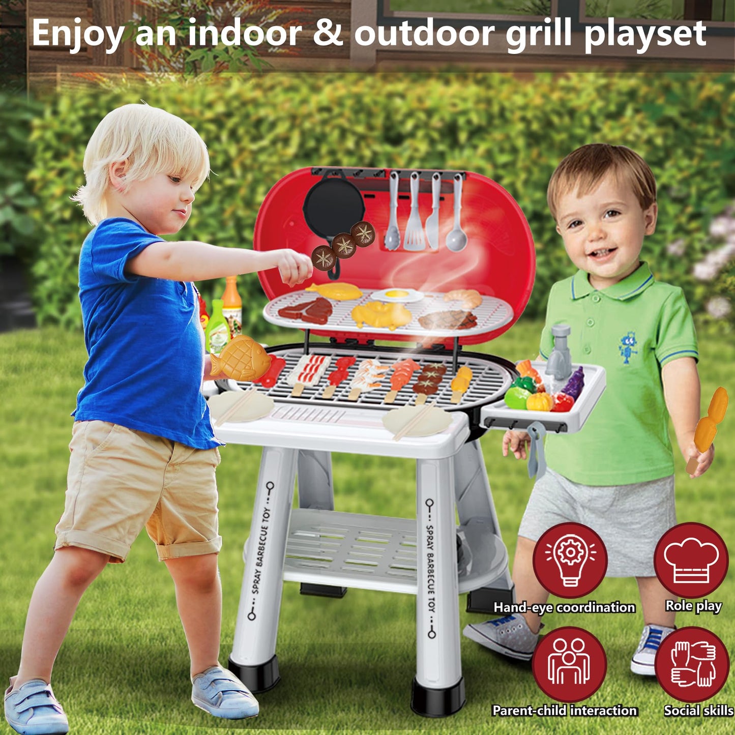 MUGEYMYD Play Kitchen Grill Set for Kids 3-8 | Indoor/Outdoor Pretend BBQ with Smoke & Lights