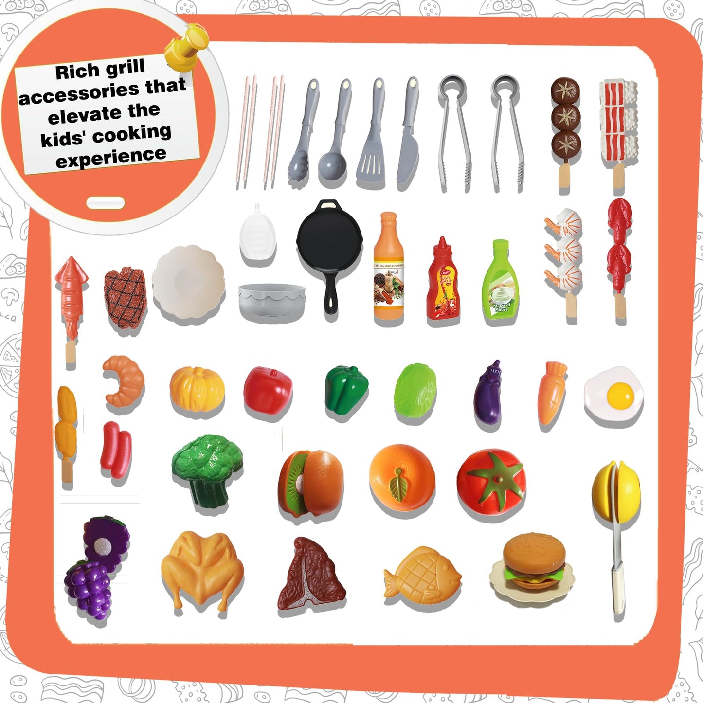 MUGEYMYD Play Kitchen Grill Set for Kids 3-8 | Indoor/Outdoor Pretend BBQ with Smoke & Lights