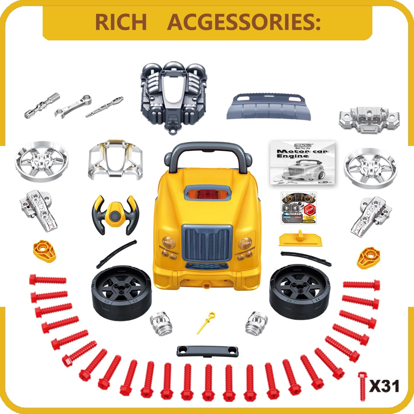 MUGEYMYD Large Truck Engine Toy for Kids 3-5 – Take-Apart Vehicle Playset with Lights & Sounds