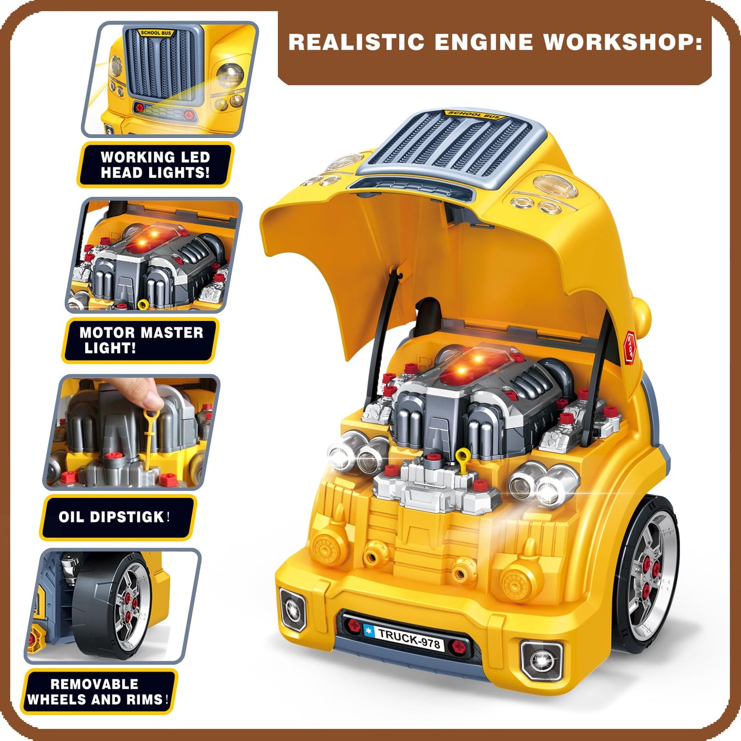 MUGEYMYD Large Truck Engine Toy for Kids 3-5 – Take-Apart Vehicle Playset with Lights & Sounds