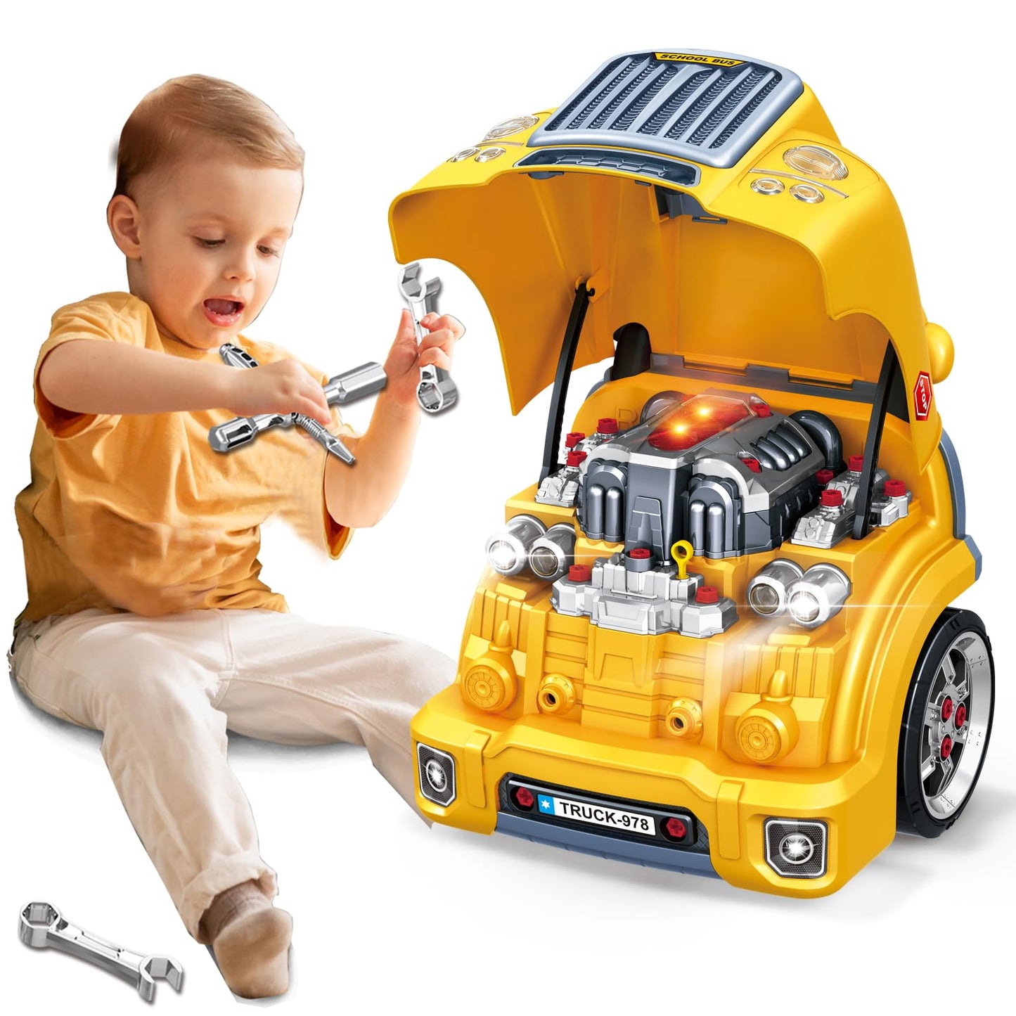 MUGEYMYD Large Truck Engine Toy for Kids 3-5 – Take-Apart Vehicle Playset with Lights & Sounds