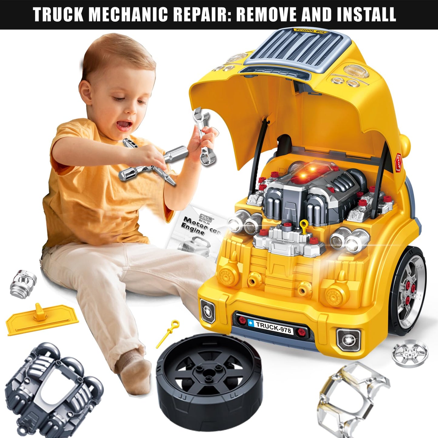 MUGEYMYD Large Truck Engine Toy for Kids 3-5 – Take-Apart Vehicle Playset with Lights & Sounds