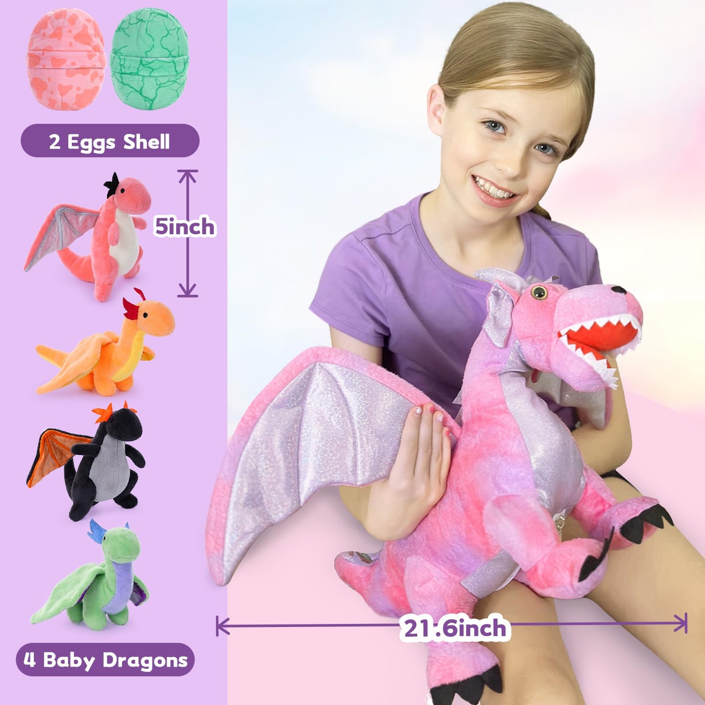 Muiteiur 7 Piece Dragon Plush Set — Pink Mom Dragon with 4 Baby Dragons & 2 Eggs