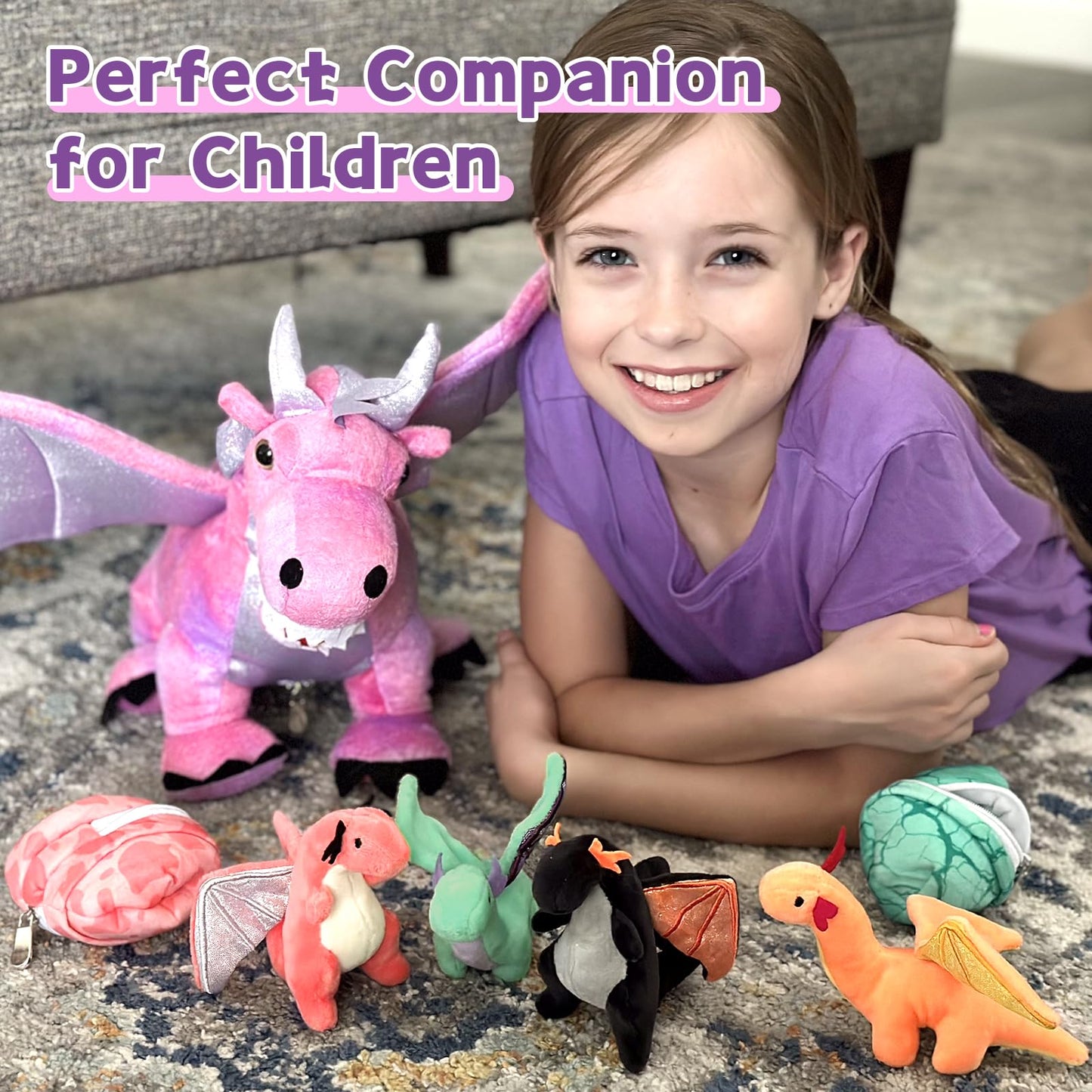 Muiteiur 7 Piece Dragon Plush Set — Pink Mom Dragon with 4 Baby Dragons & 2 Eggs