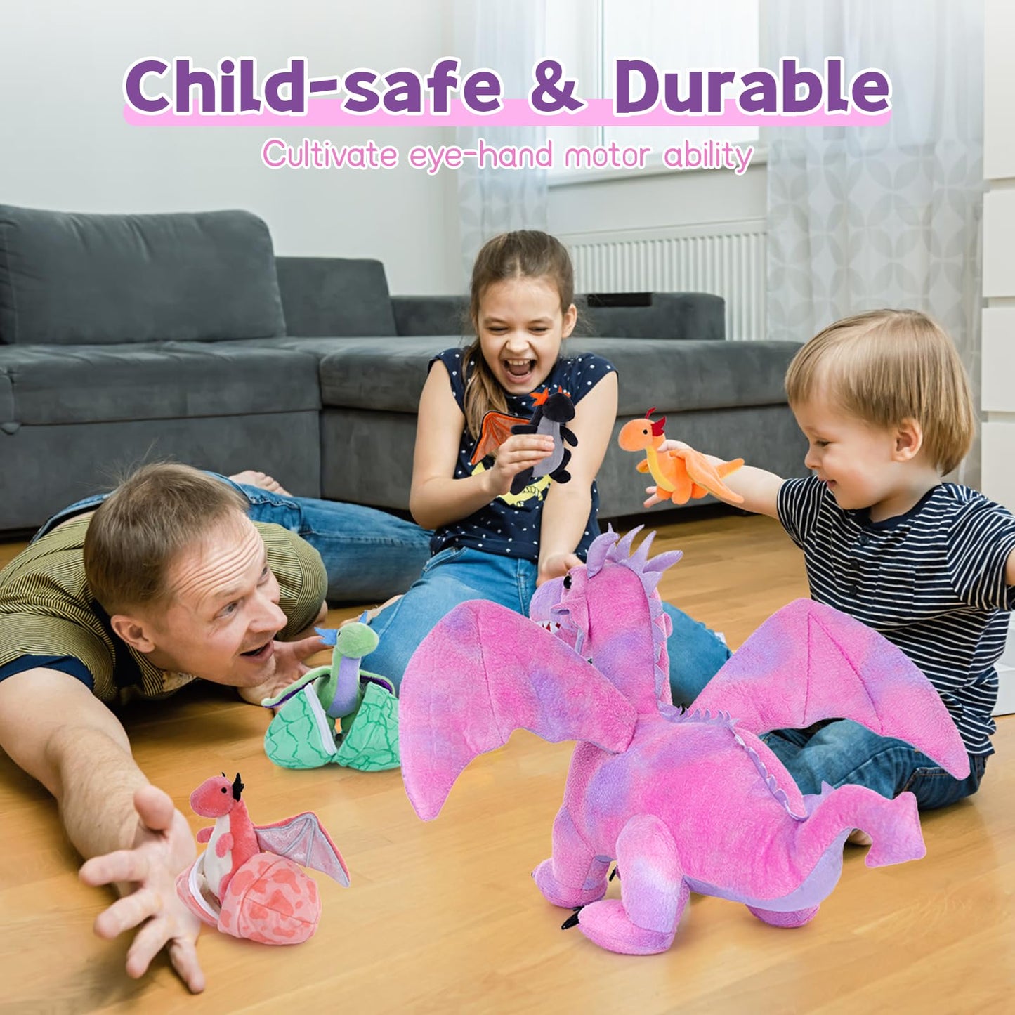 Muiteiur 7 Piece Dragon Plush Set — Pink Mom Dragon with 4 Baby Dragons & 2 Eggs
