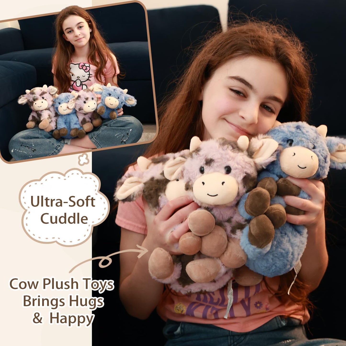 Muiteiur 4-Piece Cow Plush Toys – 10-Inch Soft Pink & Blue Farm Cow Set for Kids
