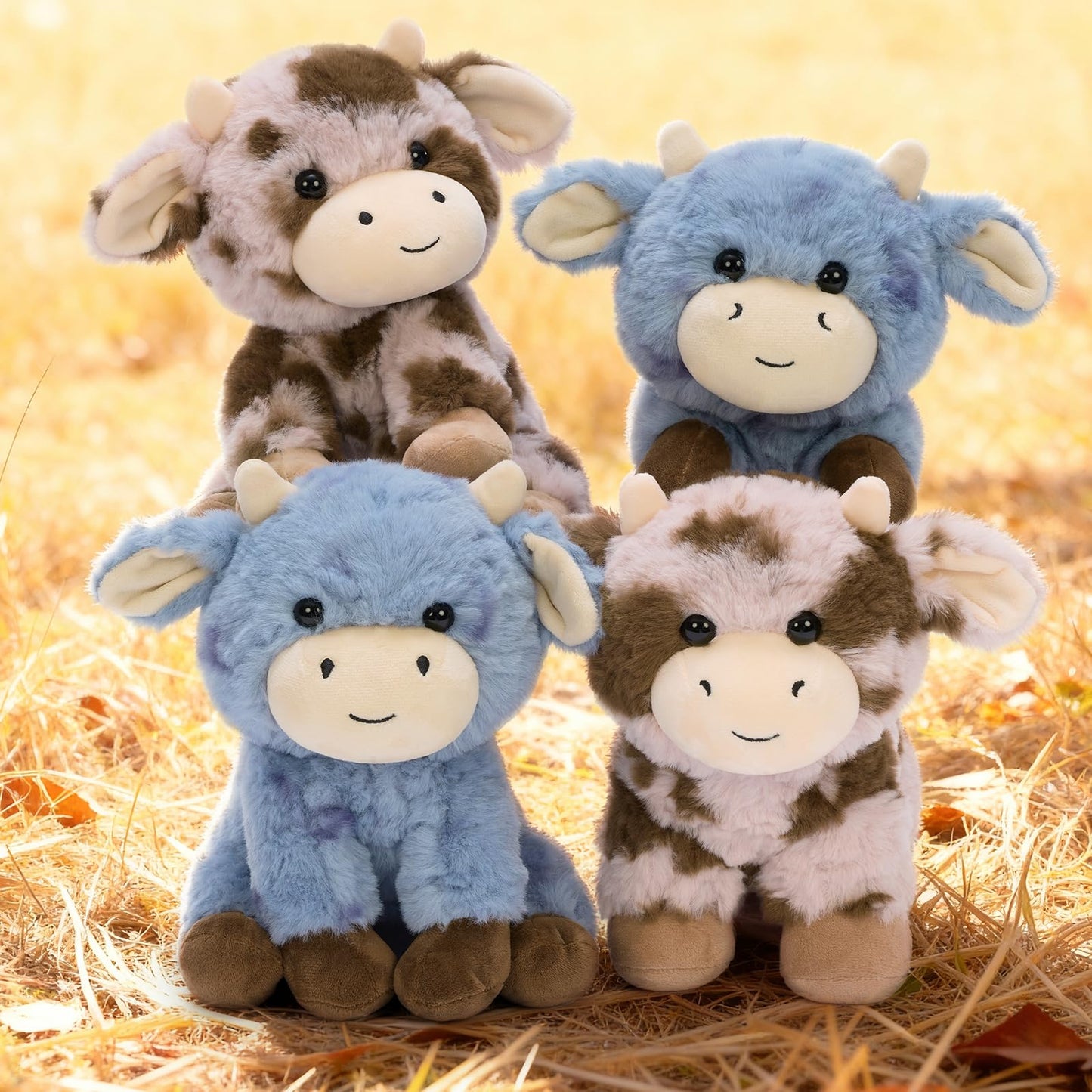 Muiteiur 4-Piece Cow Plush Toys – 10-Inch Soft Pink & Blue Farm Cow Set for Kids