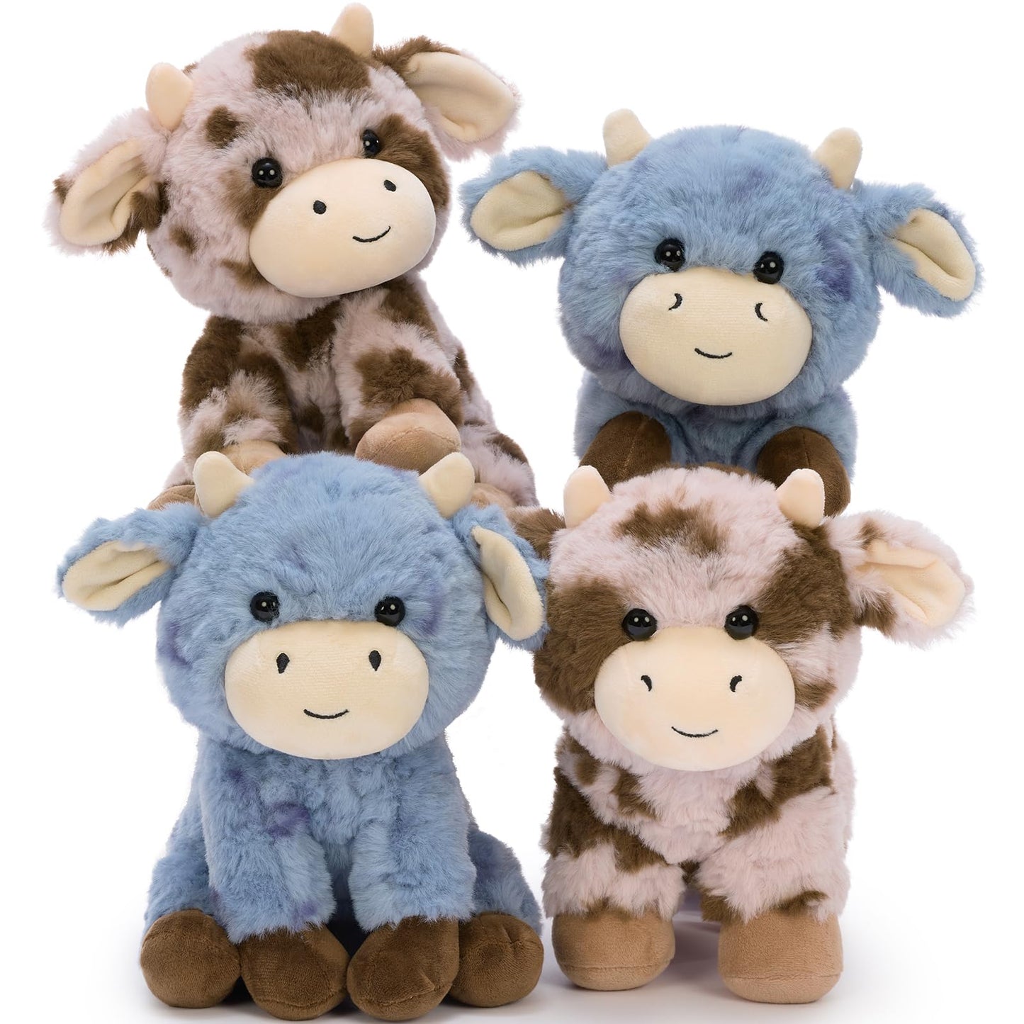 Muiteiur 4-Piece Cow Plush Toys – 10-Inch Soft Pink & Blue Farm Cow Set for Kids