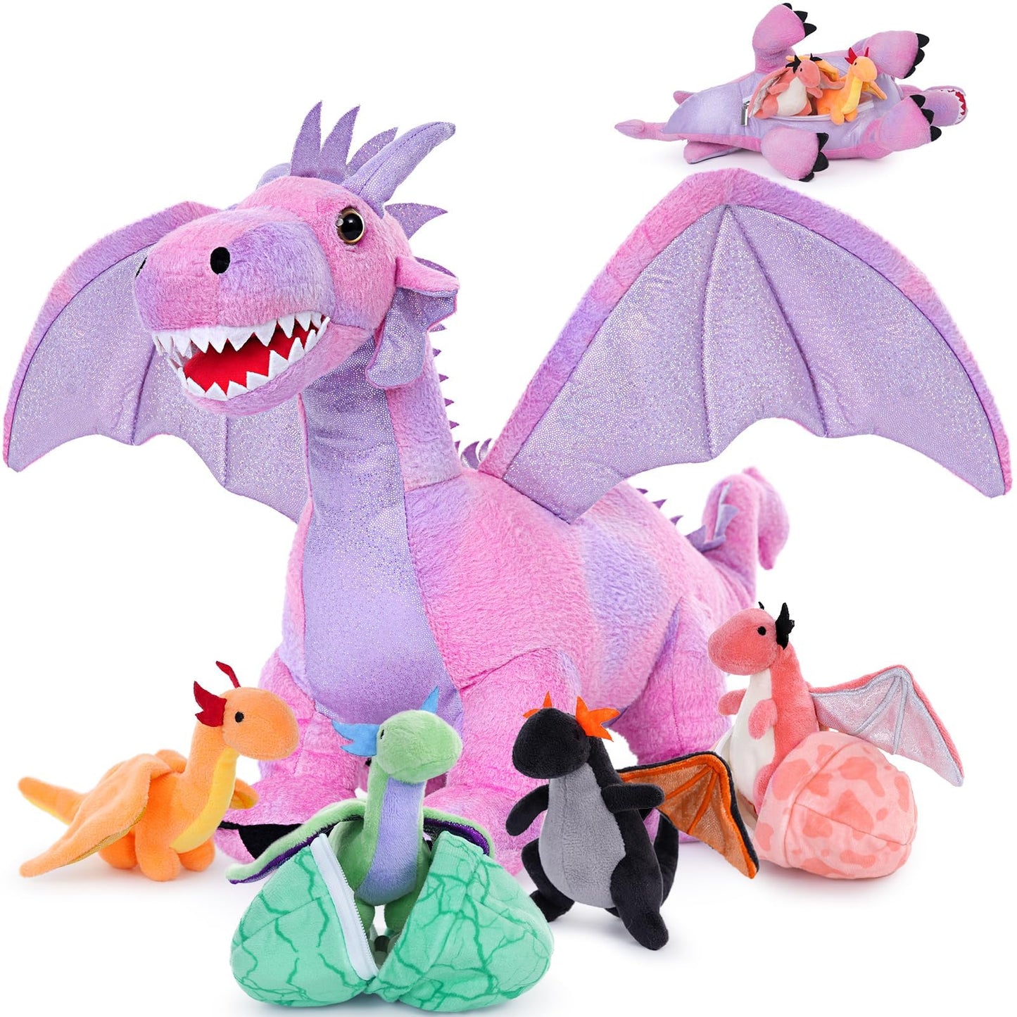 Muiteiur 7 Piece Dragon Plush Set — Pink Mom Dragon with 4 Baby Dragons & 2 Eggs