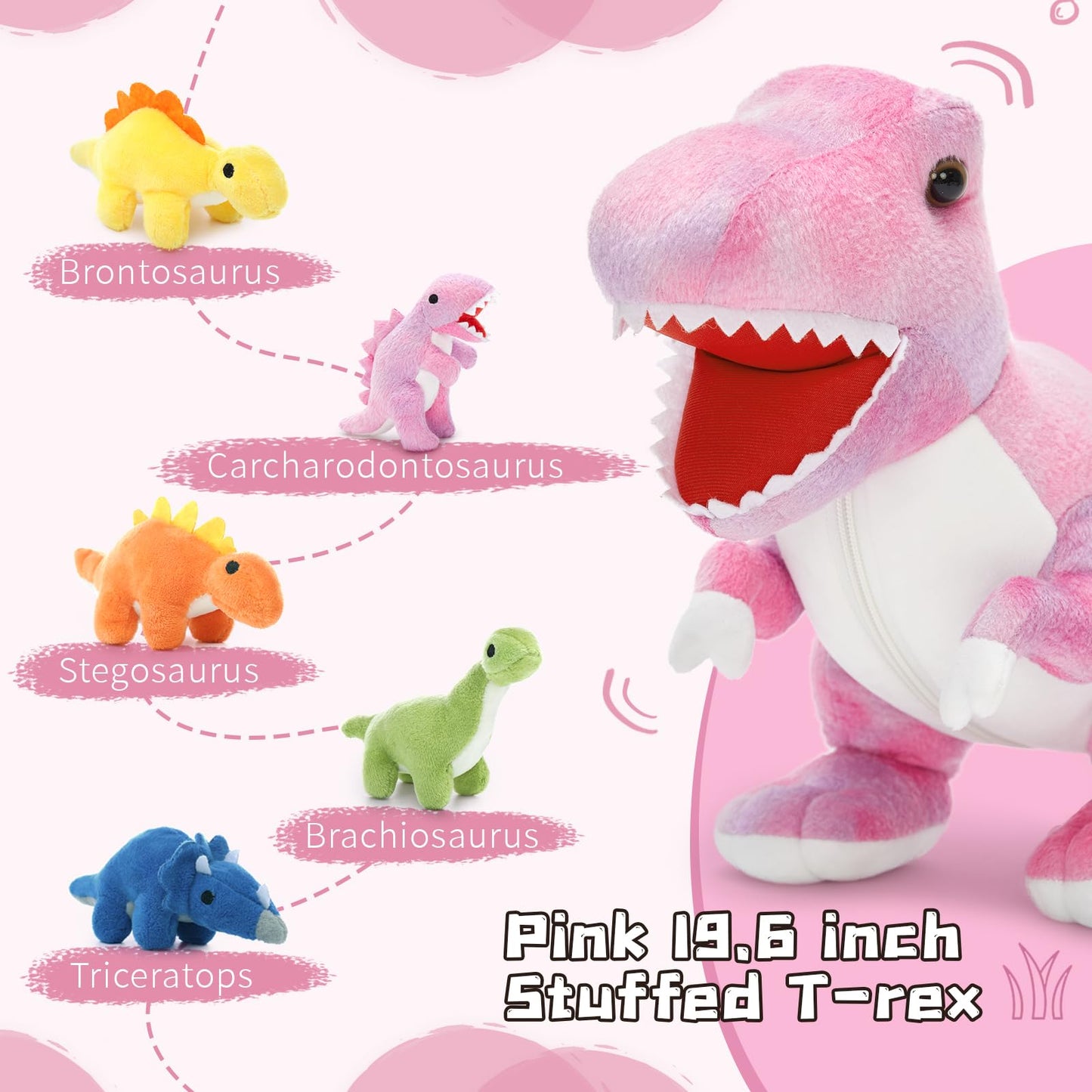 Muiteiur Pink Dinosaur Stuffed Animals – 19.6-Inch Mommy Plush with 5 Baby Dinos Zippered Belly
