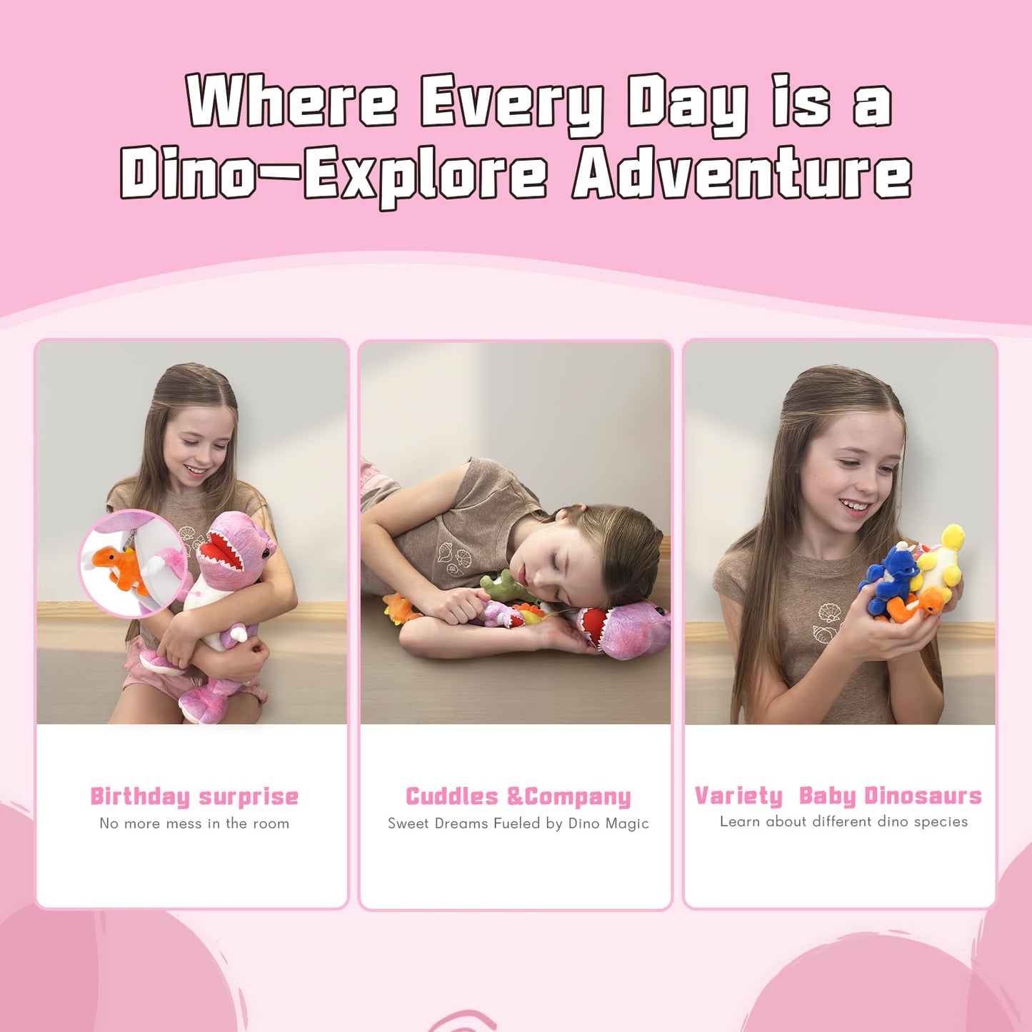 Muiteiur Pink Dinosaur Stuffed Animals – 19.6-Inch Mommy Plush with 5 Baby Dinos Zippered Belly