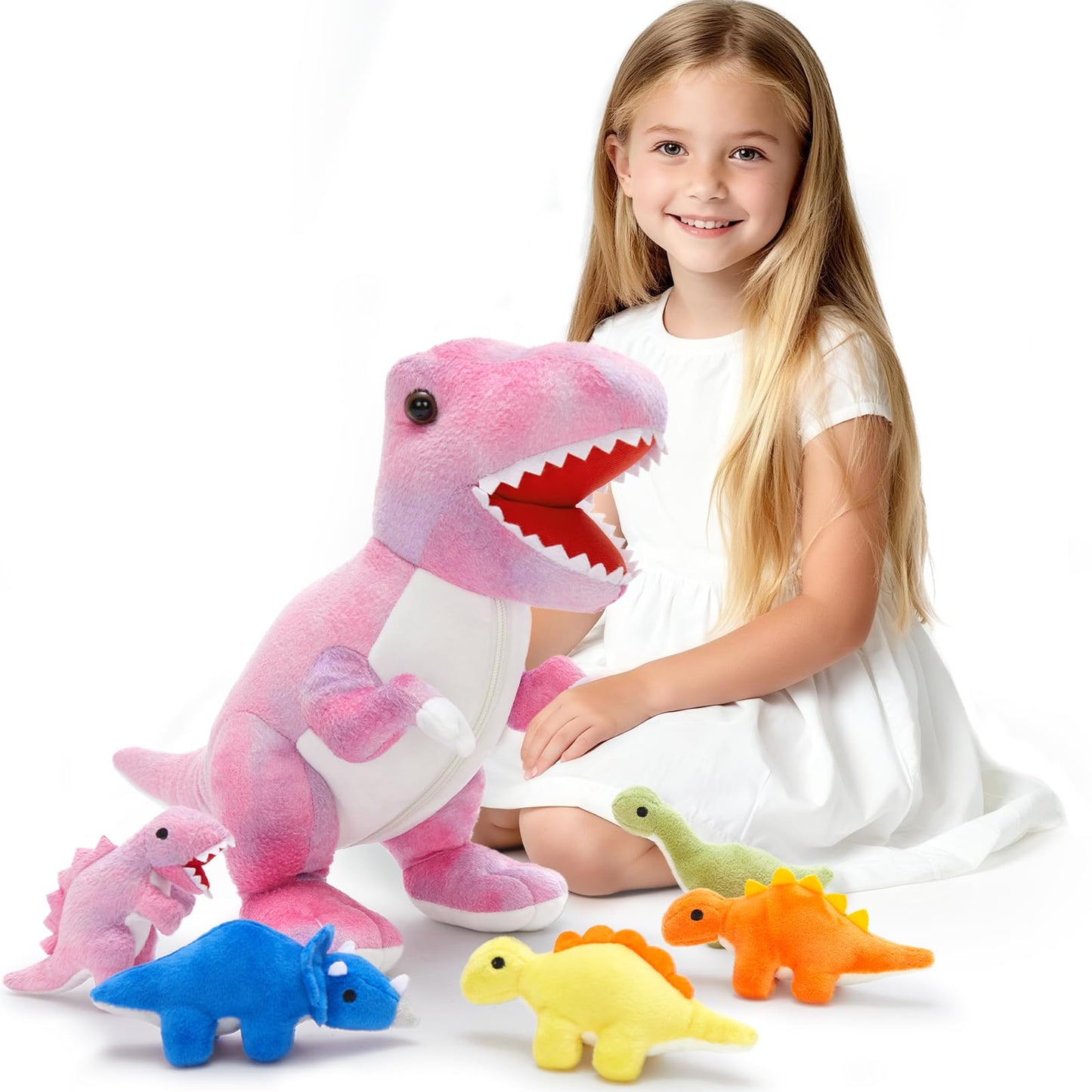 Muiteiur Pink Dinosaur Stuffed Animals – 19.6-Inch Mommy Plush with 5 Baby Dinos Zippered Belly