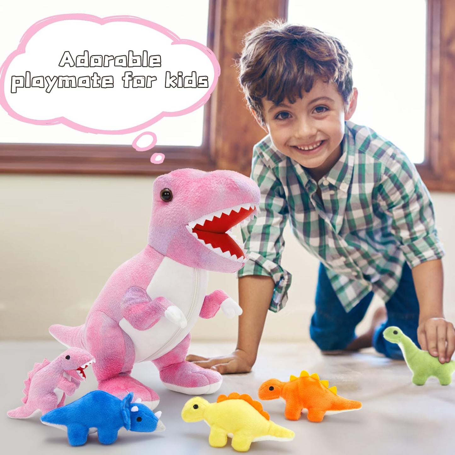 Muiteiur Pink Dinosaur Stuffed Animals – 19.6-Inch Mommy Plush with 5 Baby Dinos Zippered Belly