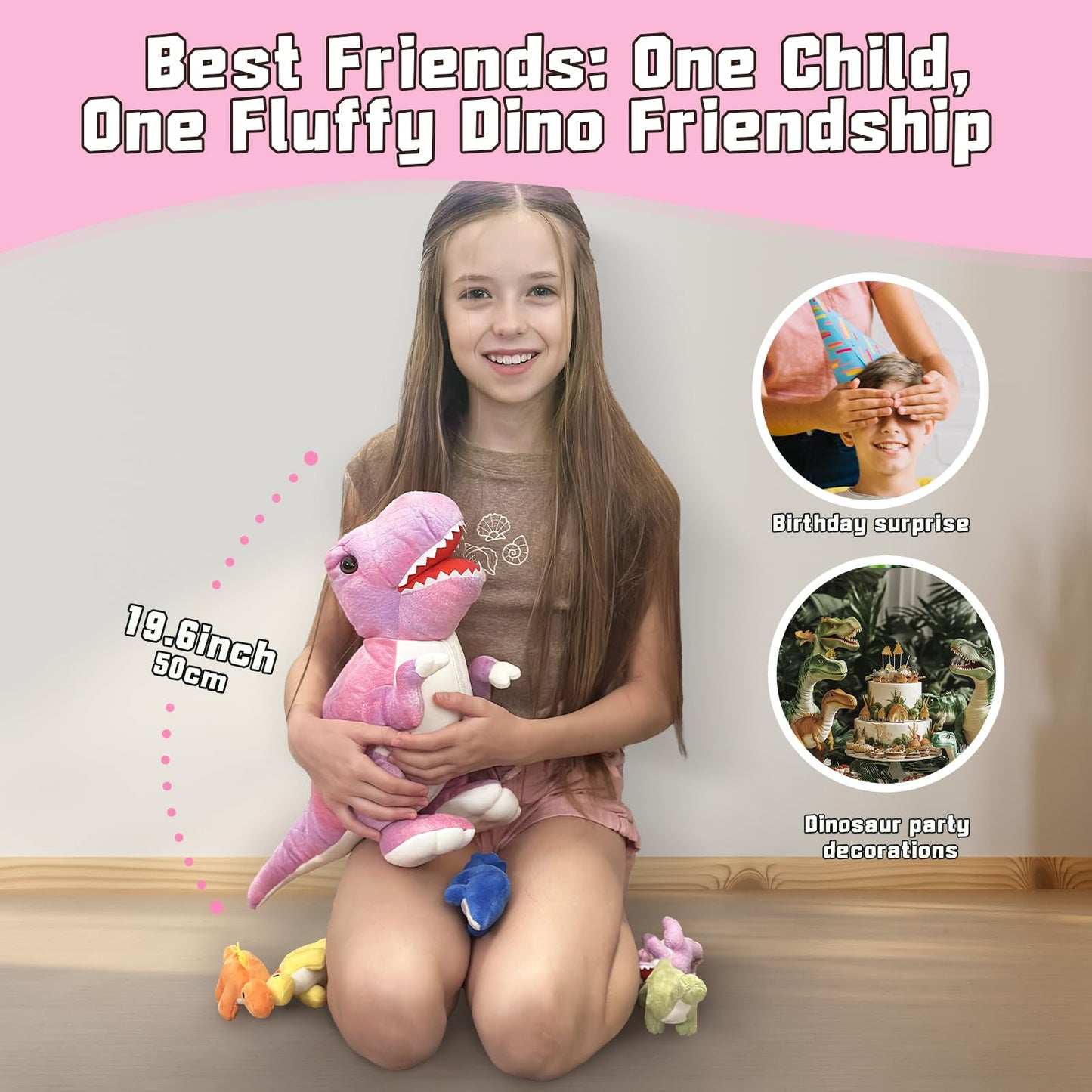 Muiteiur Pink Dinosaur Stuffed Animals – 19.6-Inch Mommy Plush with 5 Baby Dinos Zippered Belly