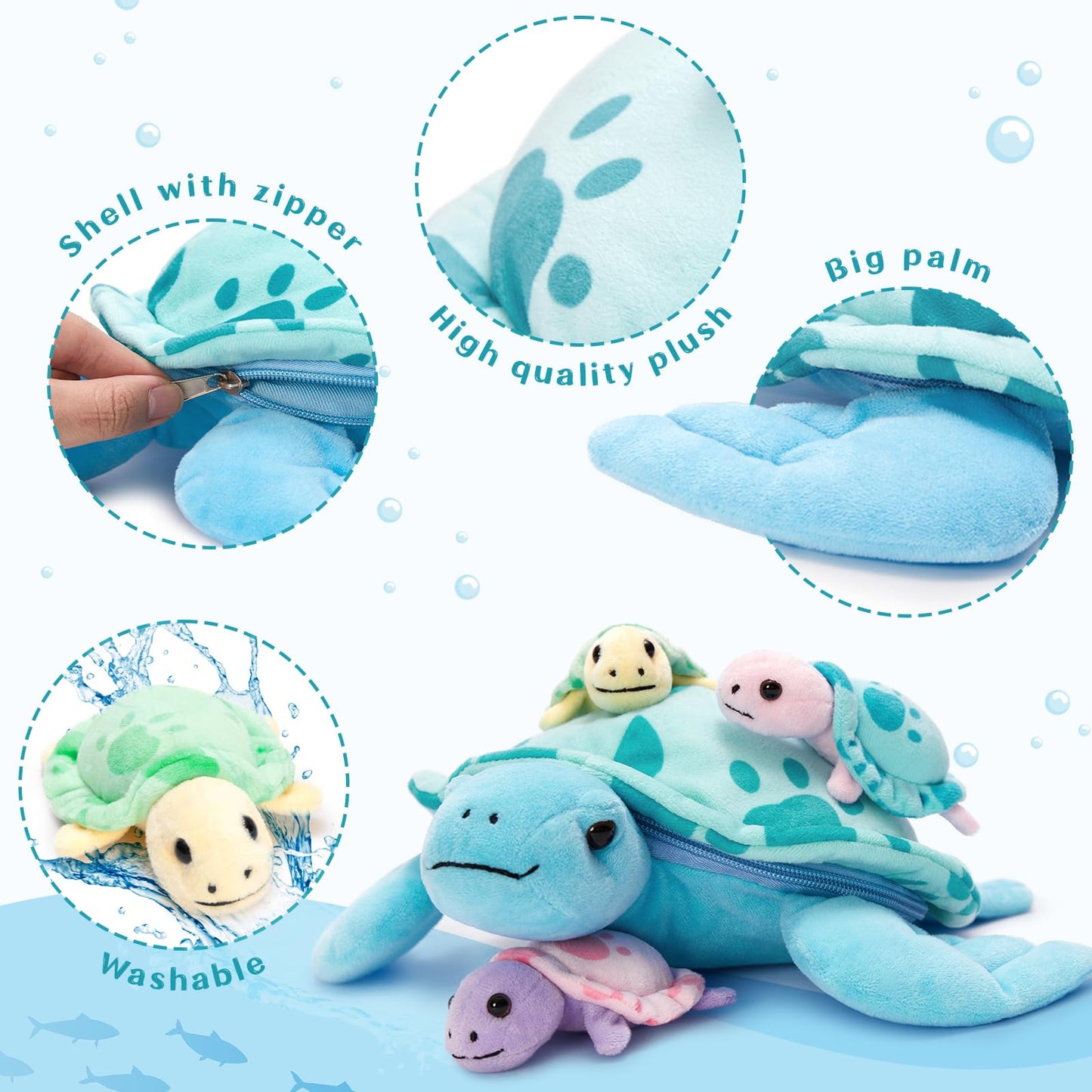 Muiteiur Sea Turtle Plush Family – 12.6-Inch Mama + 3 Babies in Blue
