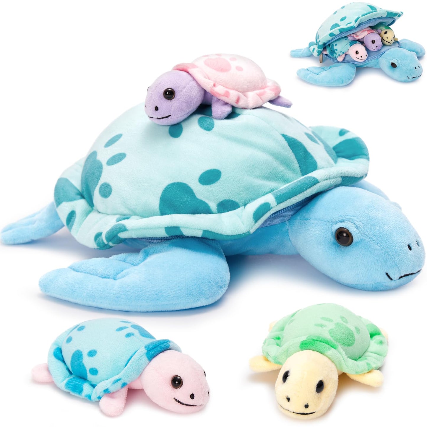 Muiteiur Sea Turtle Plush Family – 12.6-Inch Mama + 3 Babies in Blue