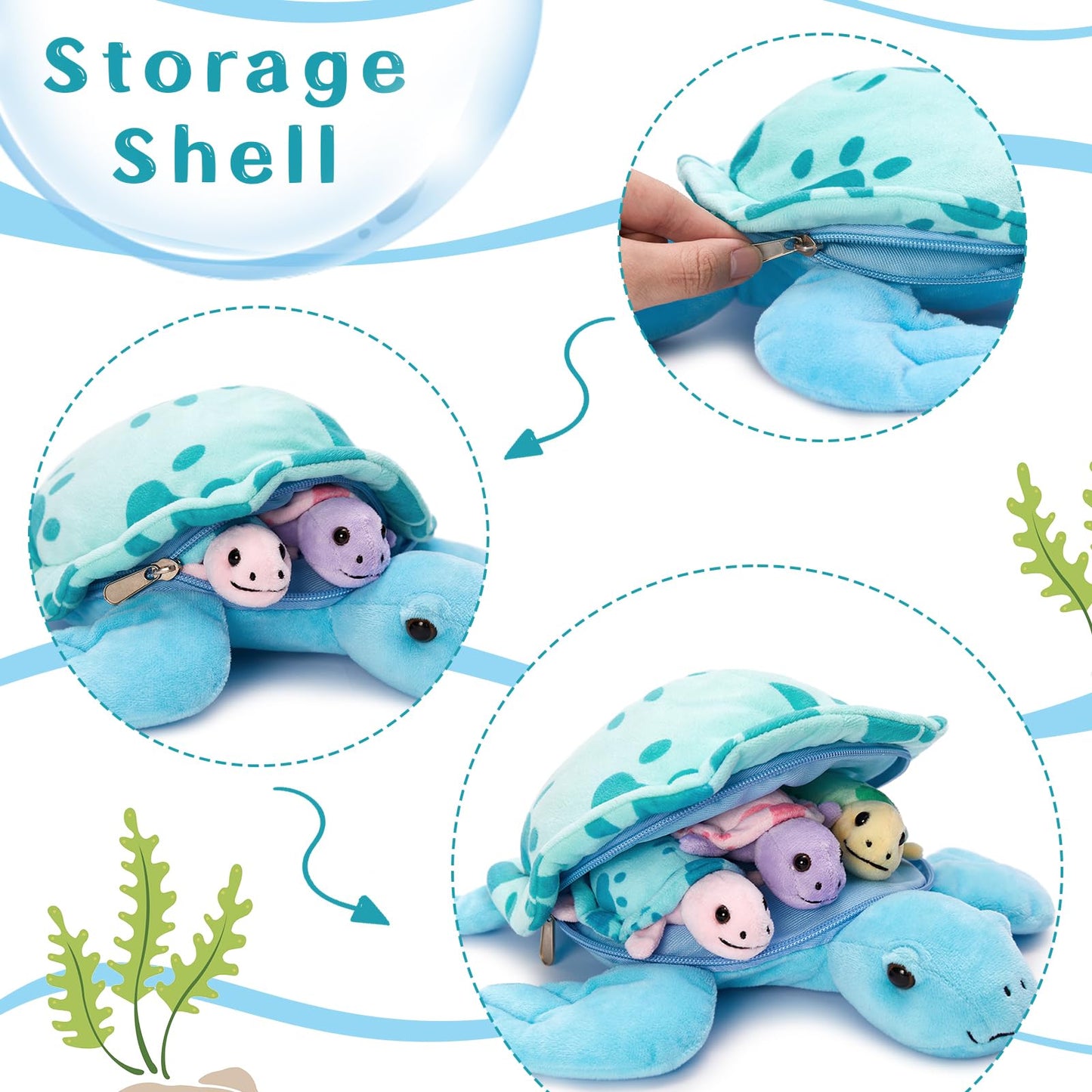 Muiteiur Sea Turtle Plush Family – 12.6-Inch Mama + 3 Babies in Blue