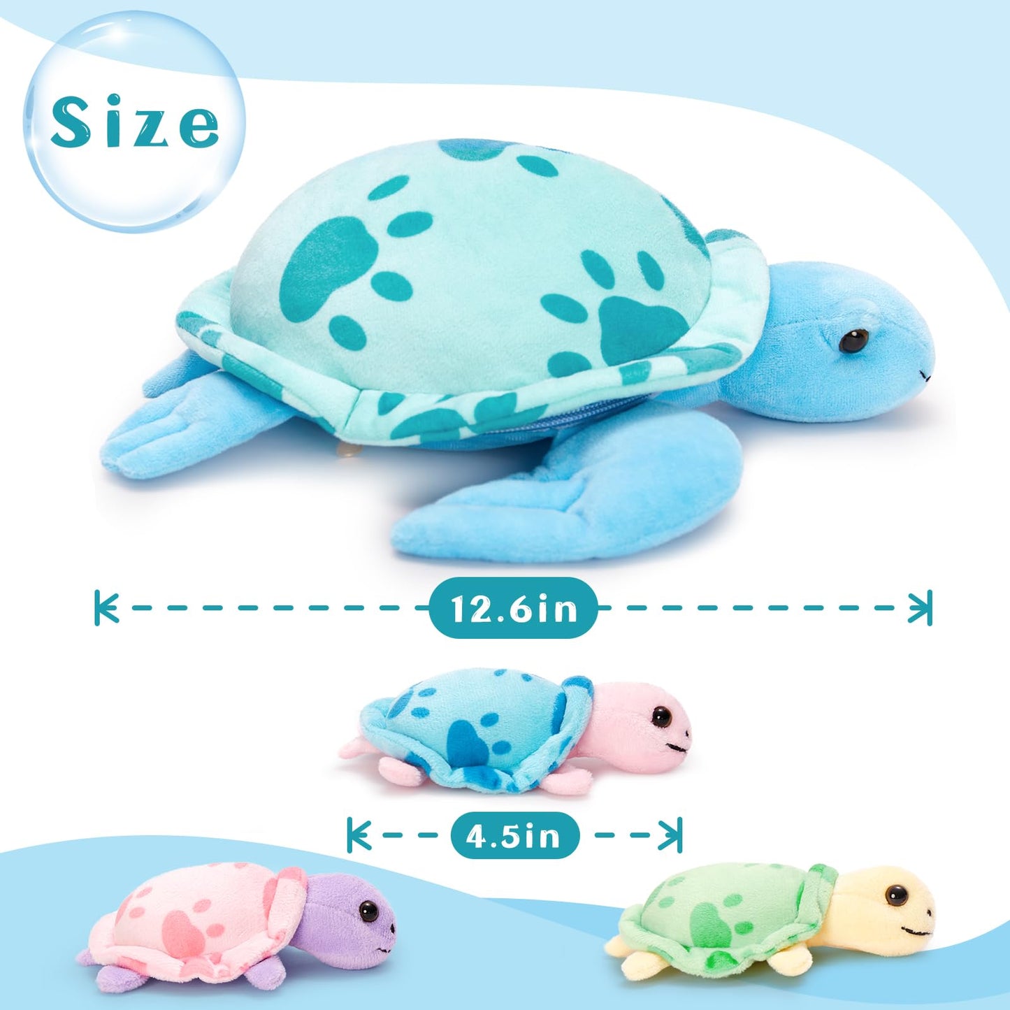 Muiteiur Sea Turtle Plush Family – 12.6-Inch Mama + 3 Babies in Blue