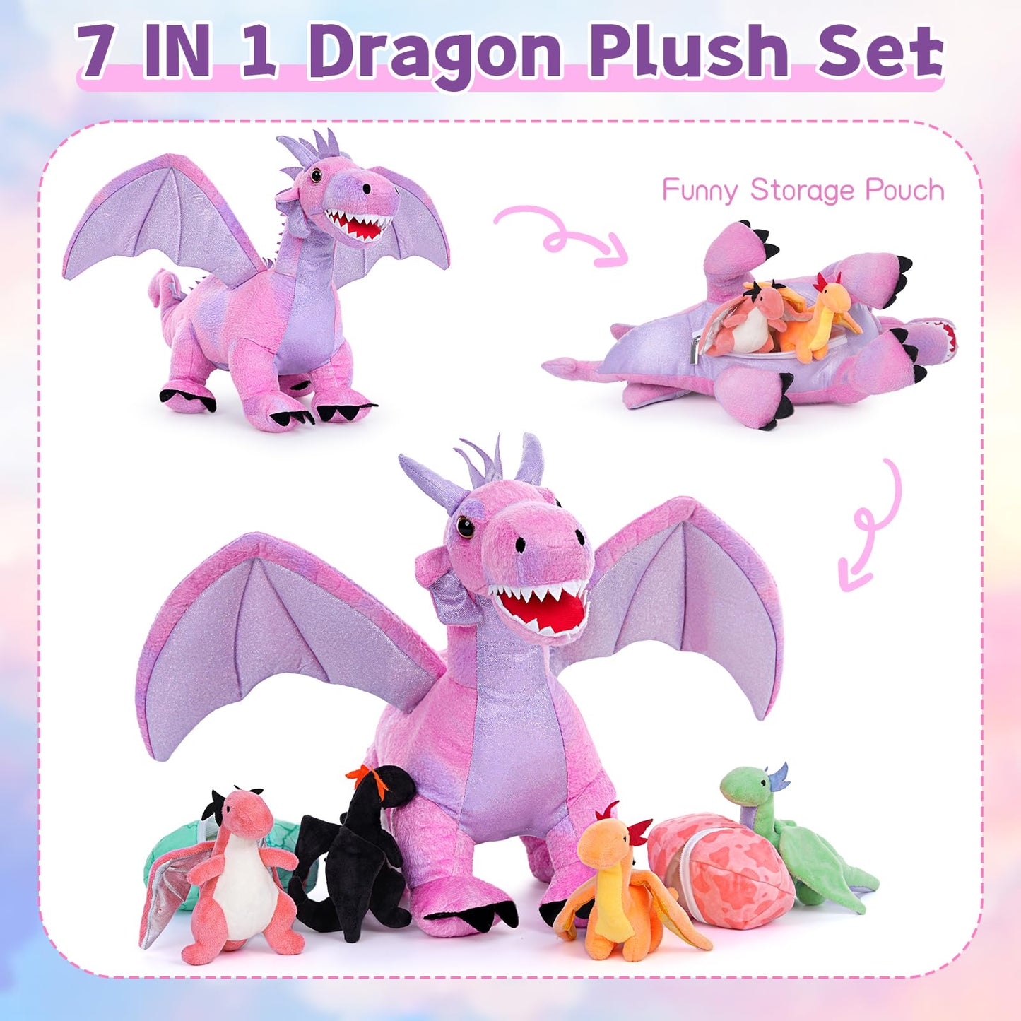 Muiteiur 7 Piece Dragon Plush Set — Pink Mom Dragon with 4 Baby Dragons & 2 Eggs