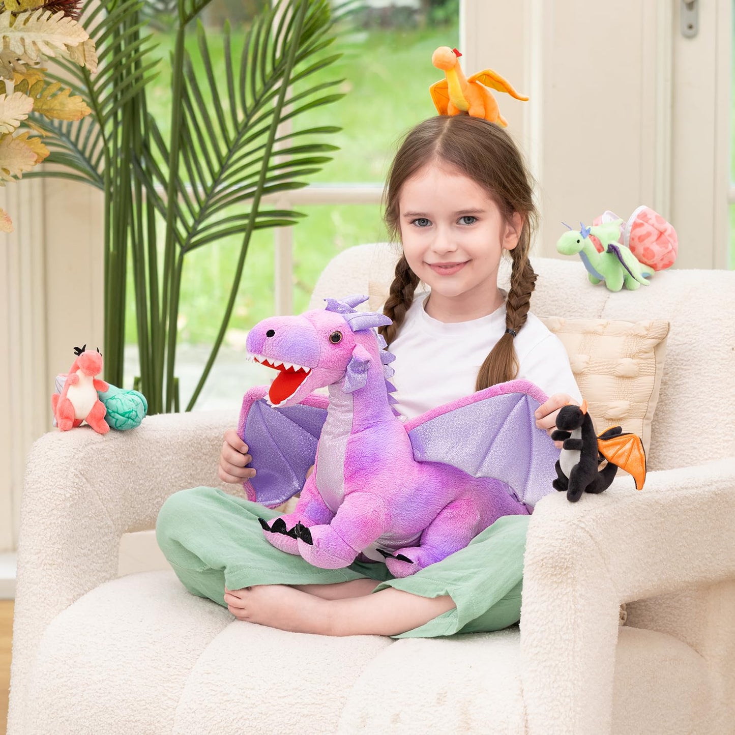 Muiteiur 7 Piece Dragon Plush Set — Pink Mom Dragon with 4 Baby Dragons & 2 Eggs