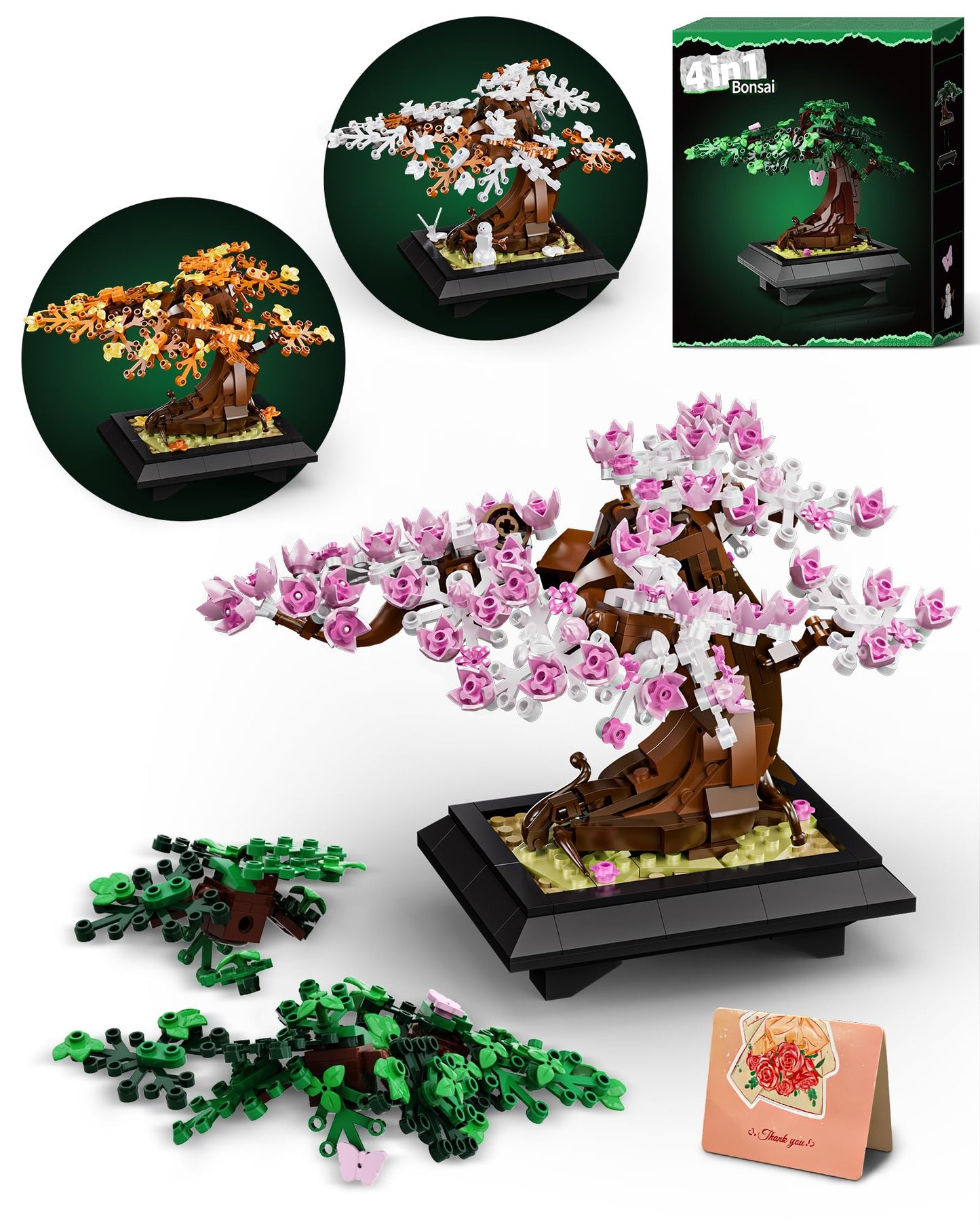 Muiurple 4 in 1 Bonsai Tree Building Set – Four Season Cherry Blossom Kit (529 pcs)