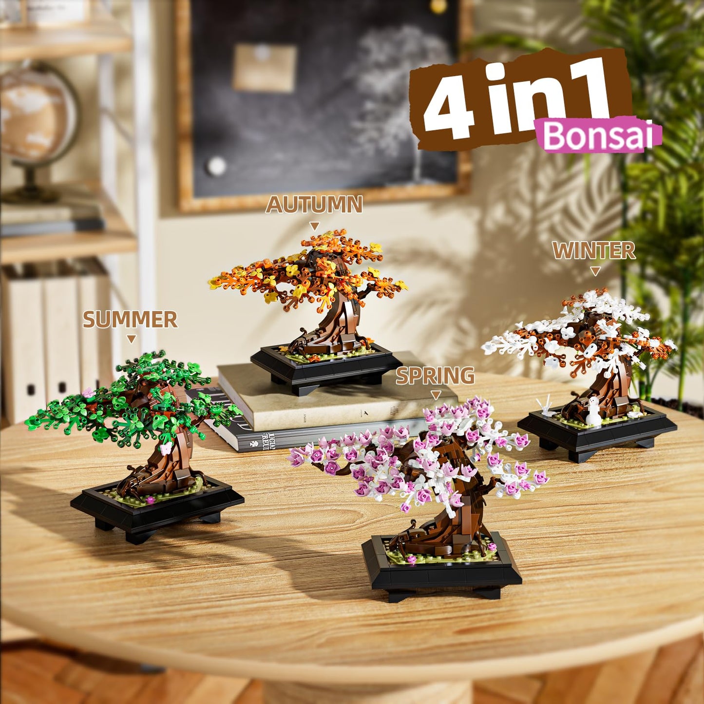 Muiurple 4 in 1 Bonsai Tree Building Set – Four Season Cherry Blossom Kit (529 pcs)