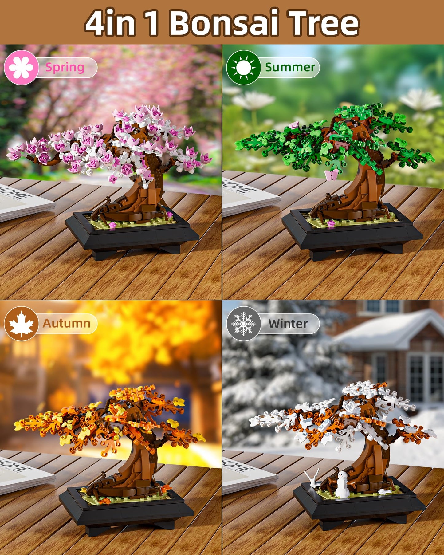 Muiurple 4 in 1 Bonsai Tree Building Set – Four Season Cherry Blossom Kit (529 pcs)