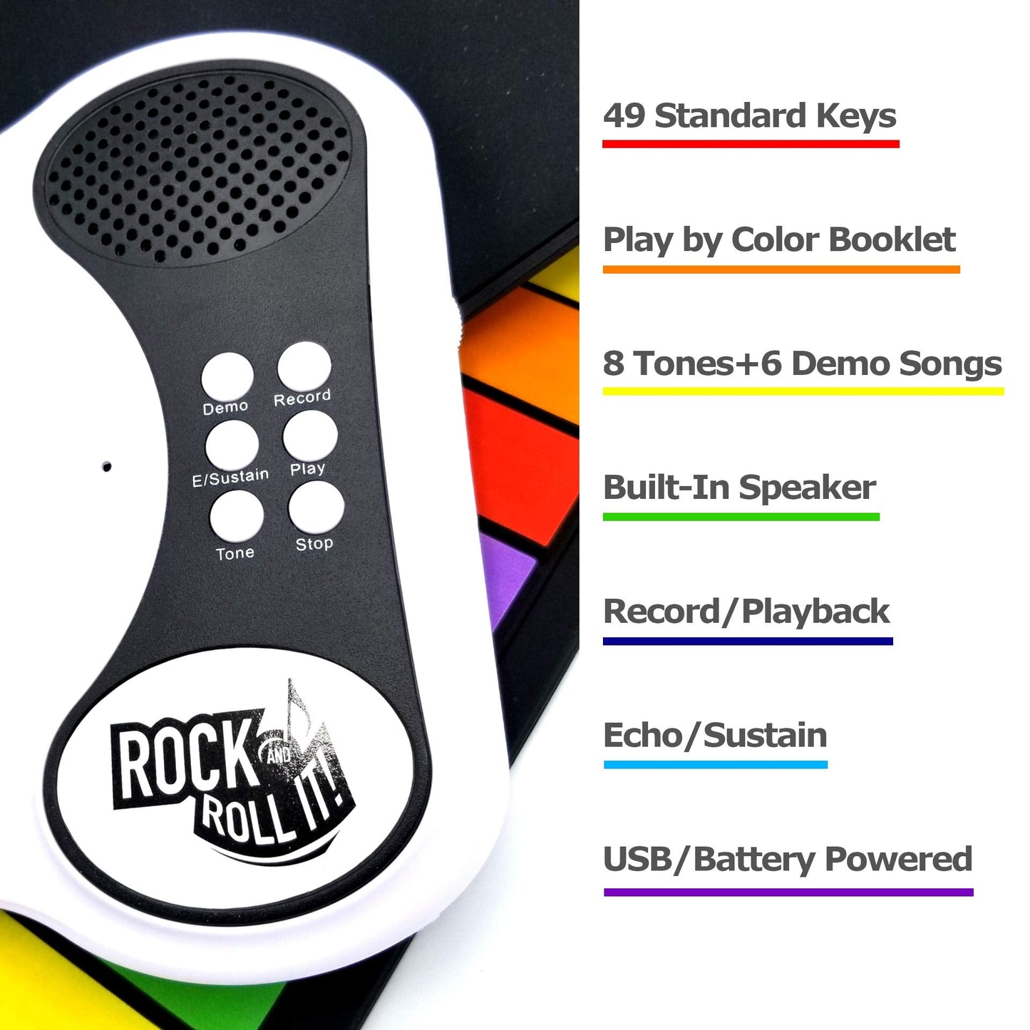 MUKIKIM Rock and Roll It – Rainbow Roll-Up Keyboard with Play-By-Color Songbook