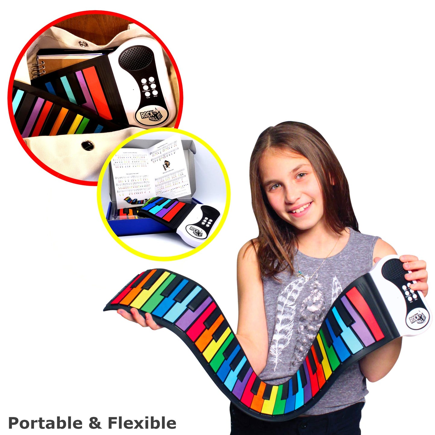 MUKIKIM Rock and Roll It – Rainbow Roll-Up Keyboard with Play-By-Color Songbook