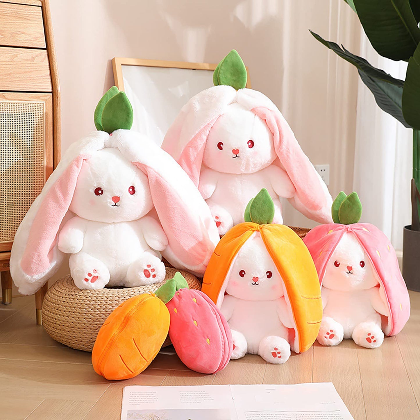 Mukorolee 2PCS Reversible Carrot Strawberry Bunny Plush – Zippered Easter Toy and Gift