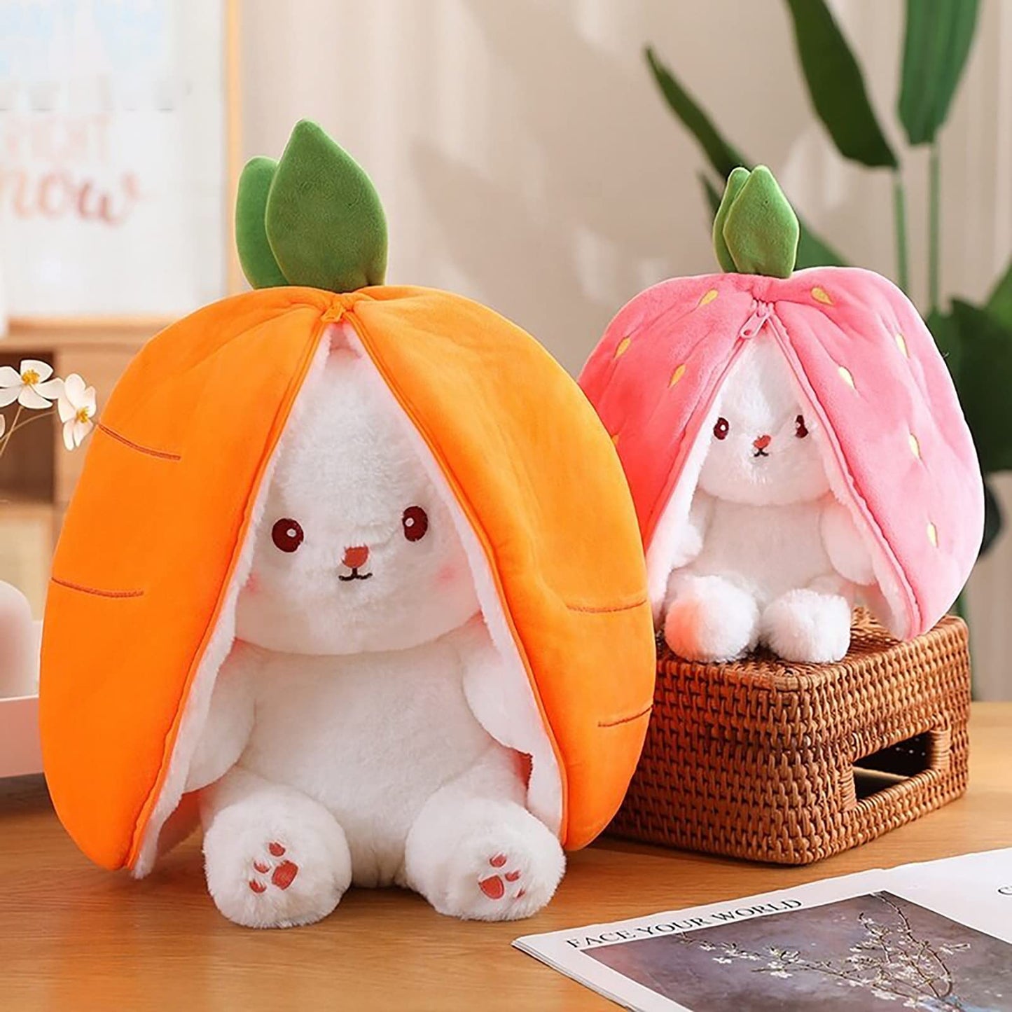 Mukorolee 2PCS Reversible Carrot Strawberry Bunny Plush – Zippered Easter Toy and Gift