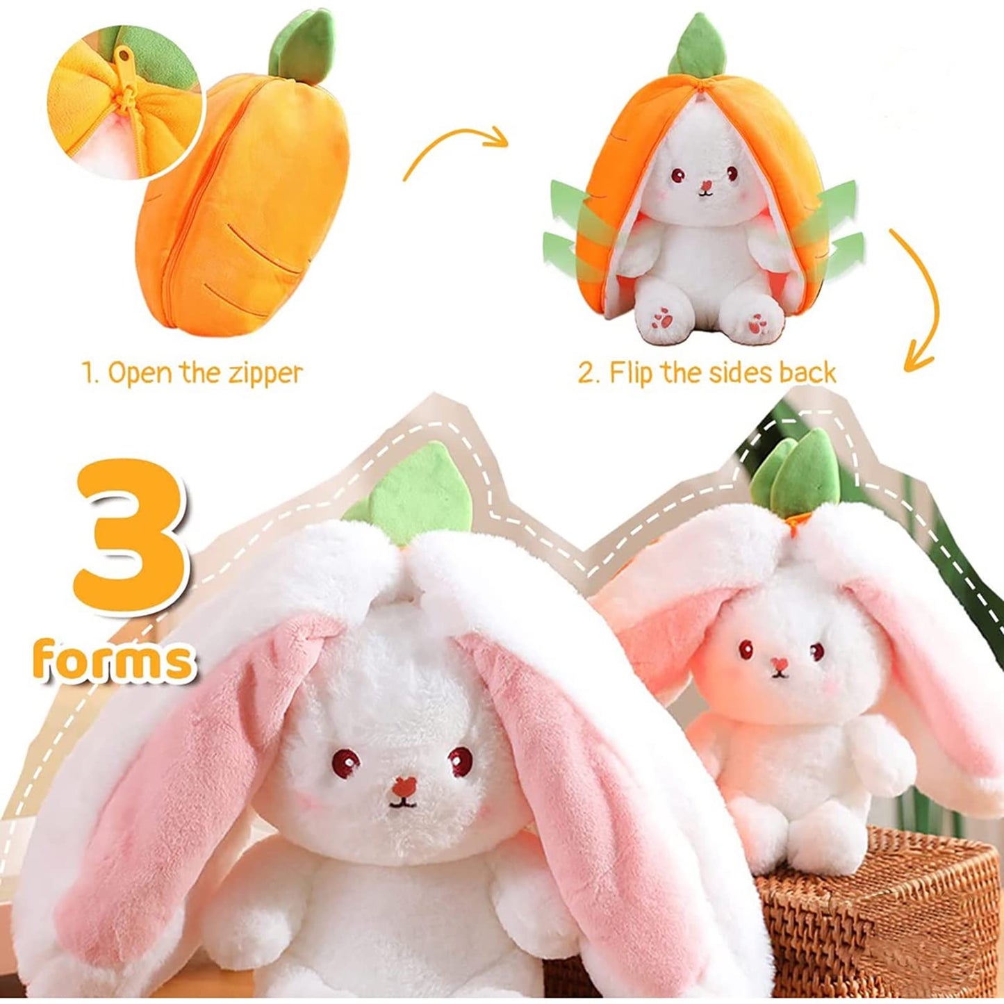 Mukorolee 2PCS Reversible Carrot Strawberry Bunny Plush – Zippered Easter Toy and Gift