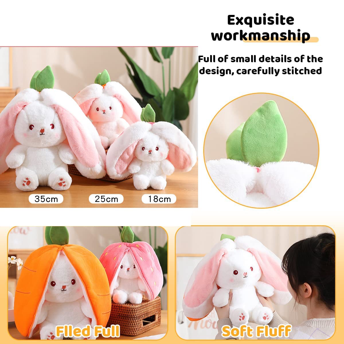 Mukorolee 2PCS Reversible Carrot Strawberry Bunny Plush – Zippered Easter Toy and Gift