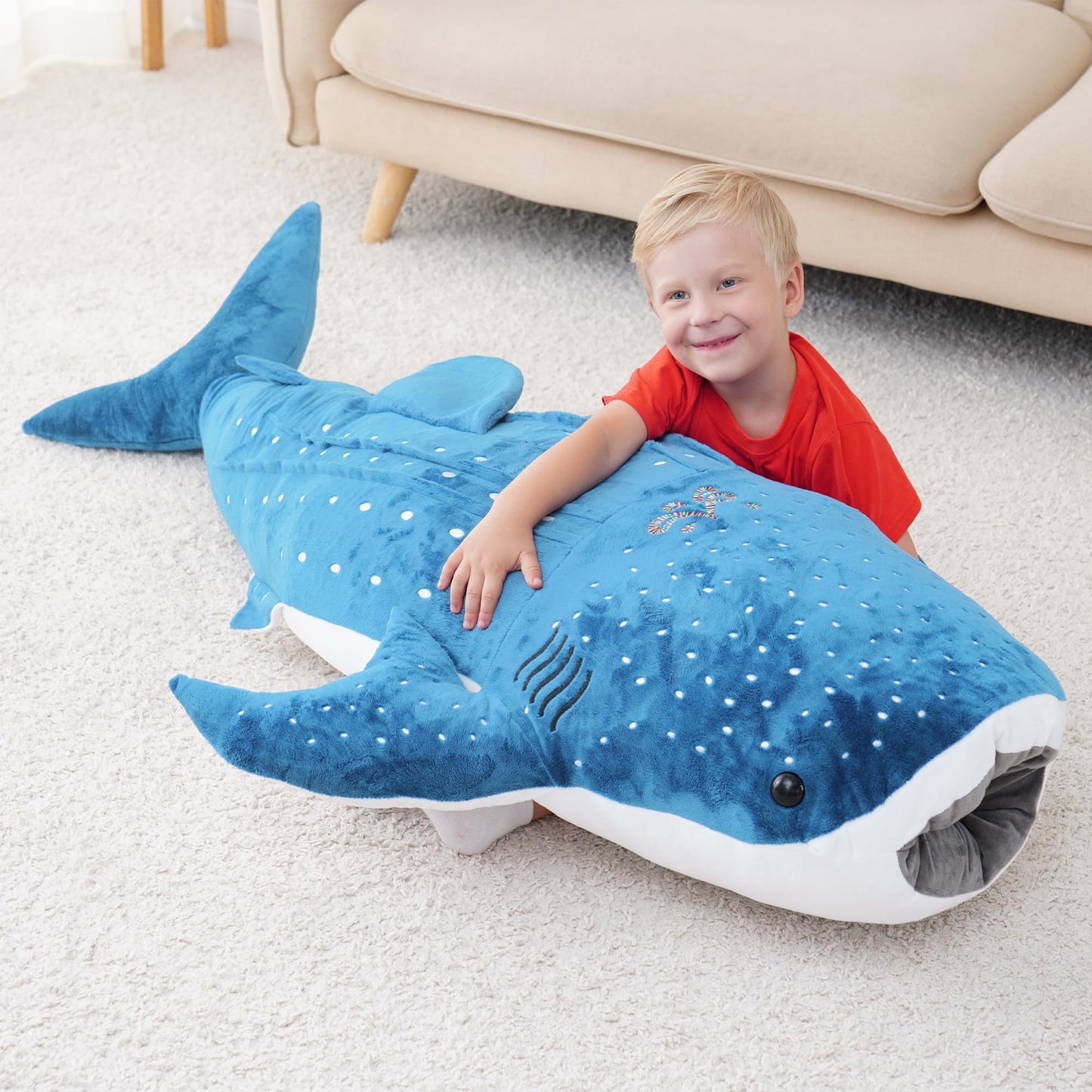 Mukouxun Giant Whale Shark Plush Pillow Toy – 48-Inch Realistic Big Stuffed Animal