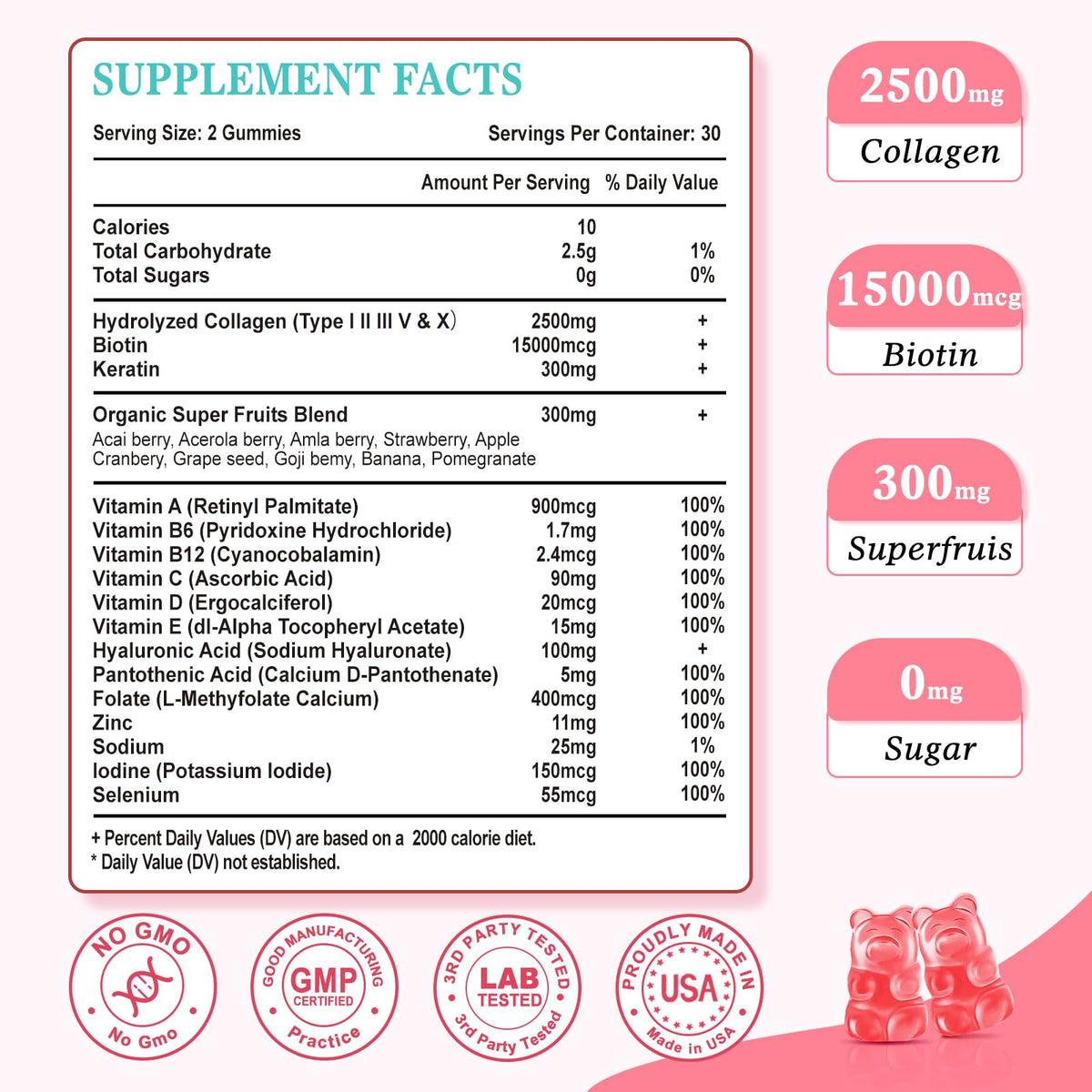 2 Pack Sugar Free Collagen Gummies for Women and Men – Multi-Collagen I-V X, Biotin, Strawberry 120 Count