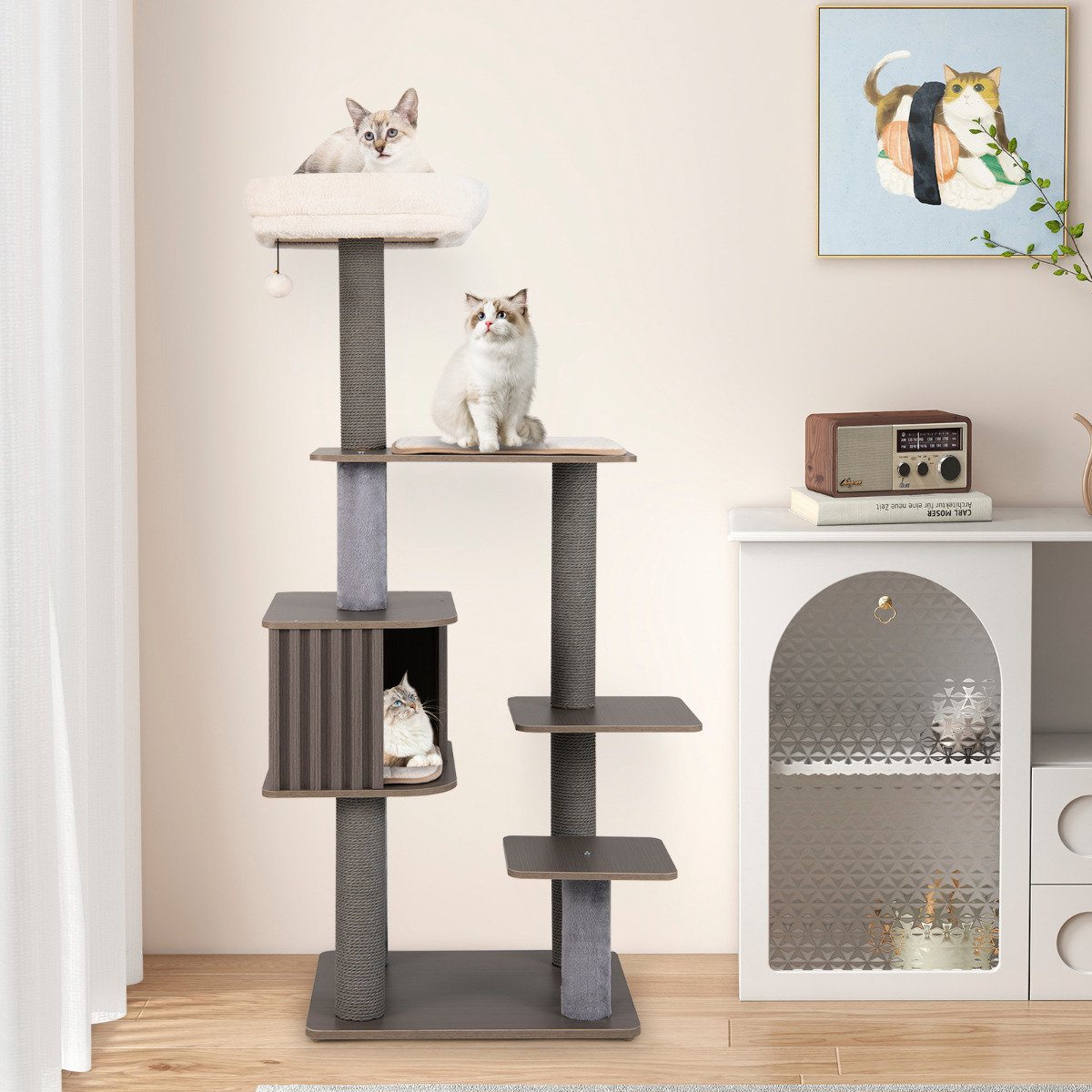 Multi-level Cat Tree for Indoor Cat with Cushion Top Perch-Grey