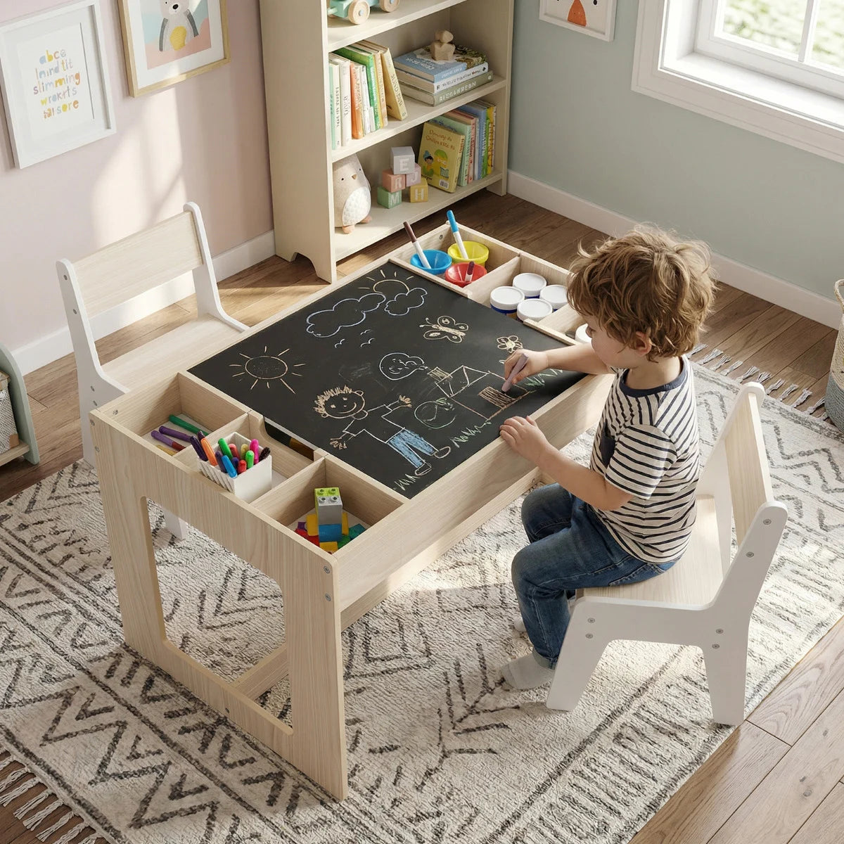 Multifunctional Kids Table and 2 Chairs Set with Whiteboard-Gray & White