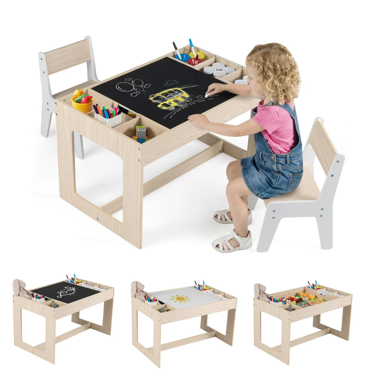 Multifunctional Kids Table and 2 Chairs Set with Whiteboard-Gray & White