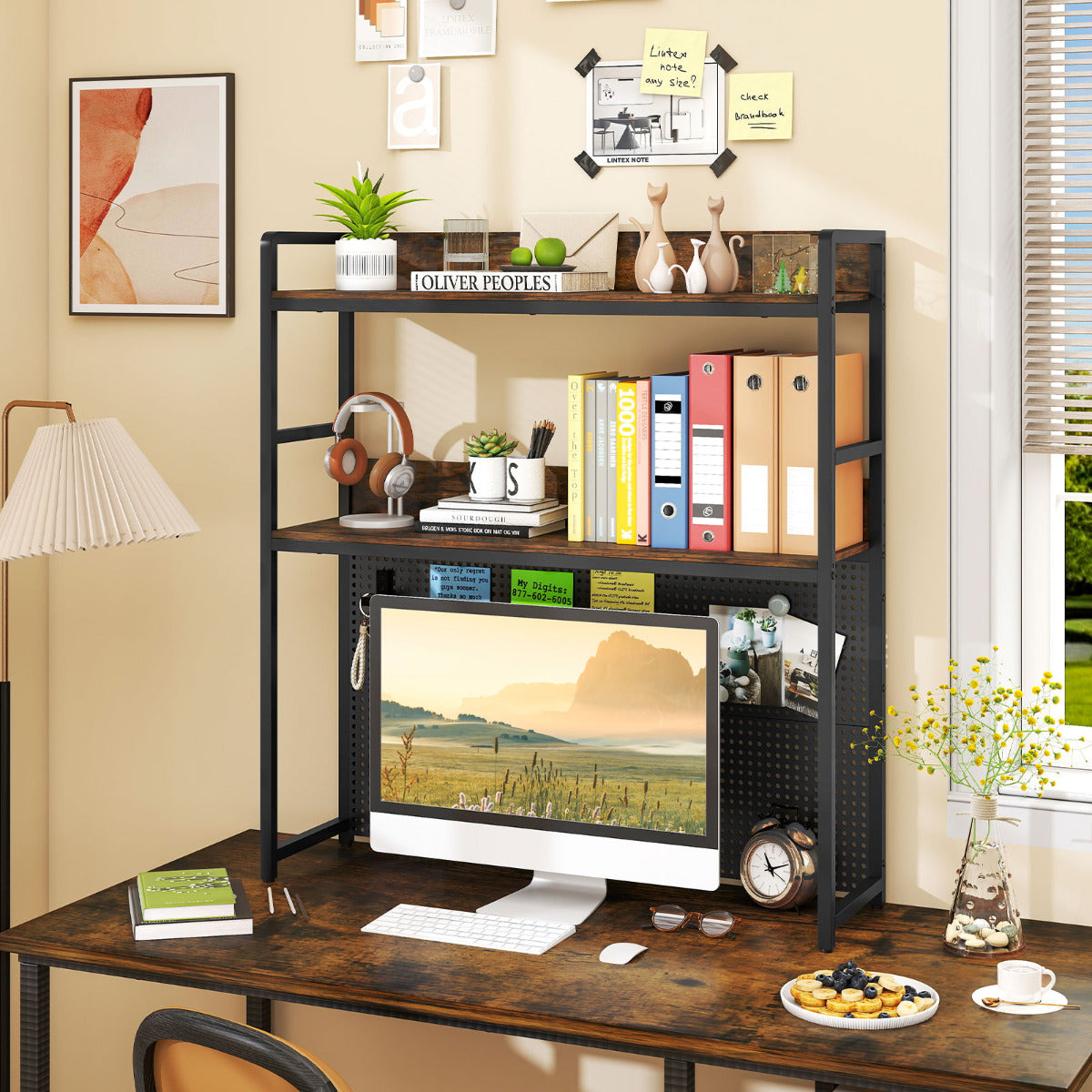Multipurpose 2-Tier Desk Hutch with Pegboard for Home Office-Rustic Brown