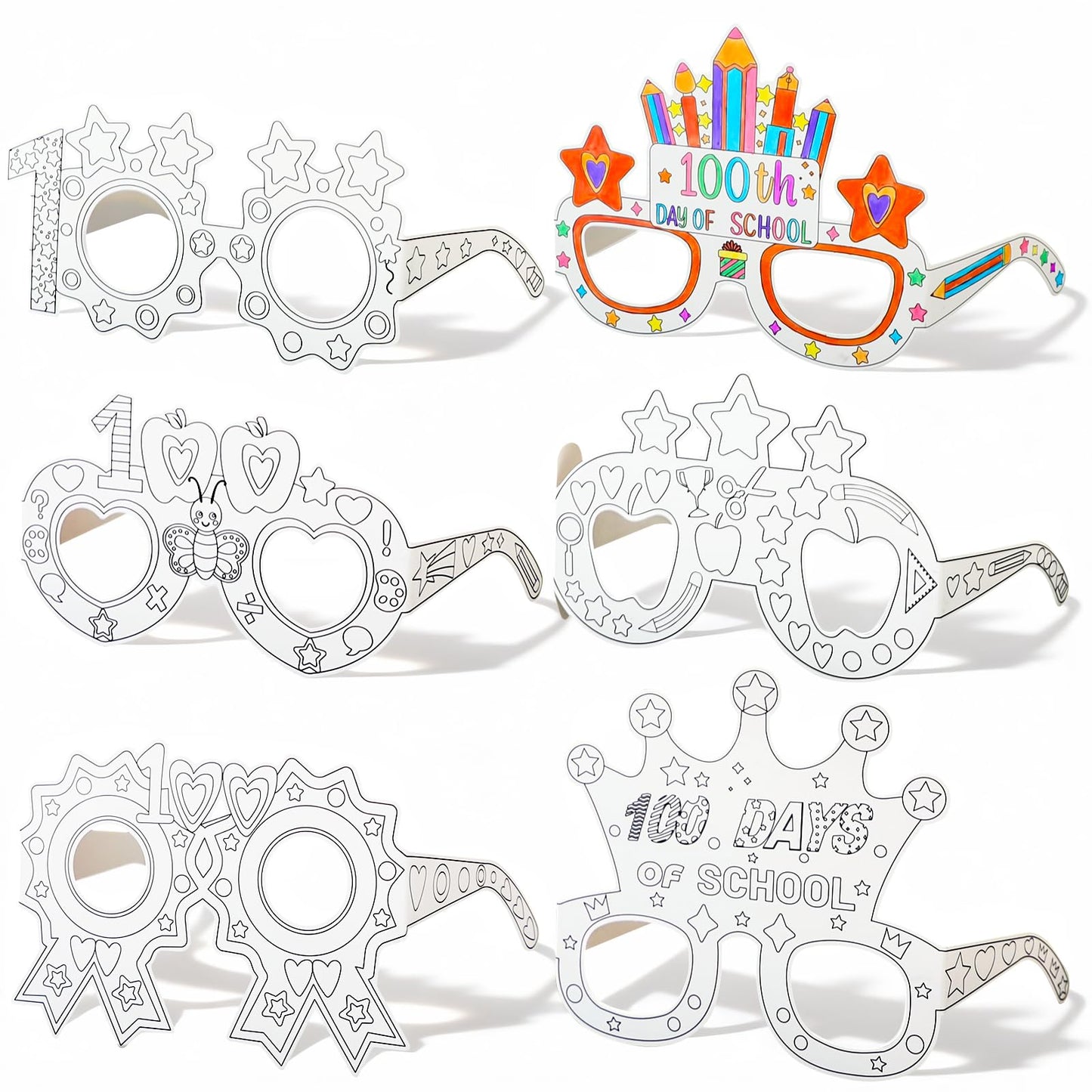 MUOUAKATE 36Pcs 100 Days Coloring Glasses – DIY Classroom Party Glasses (6 Designs)