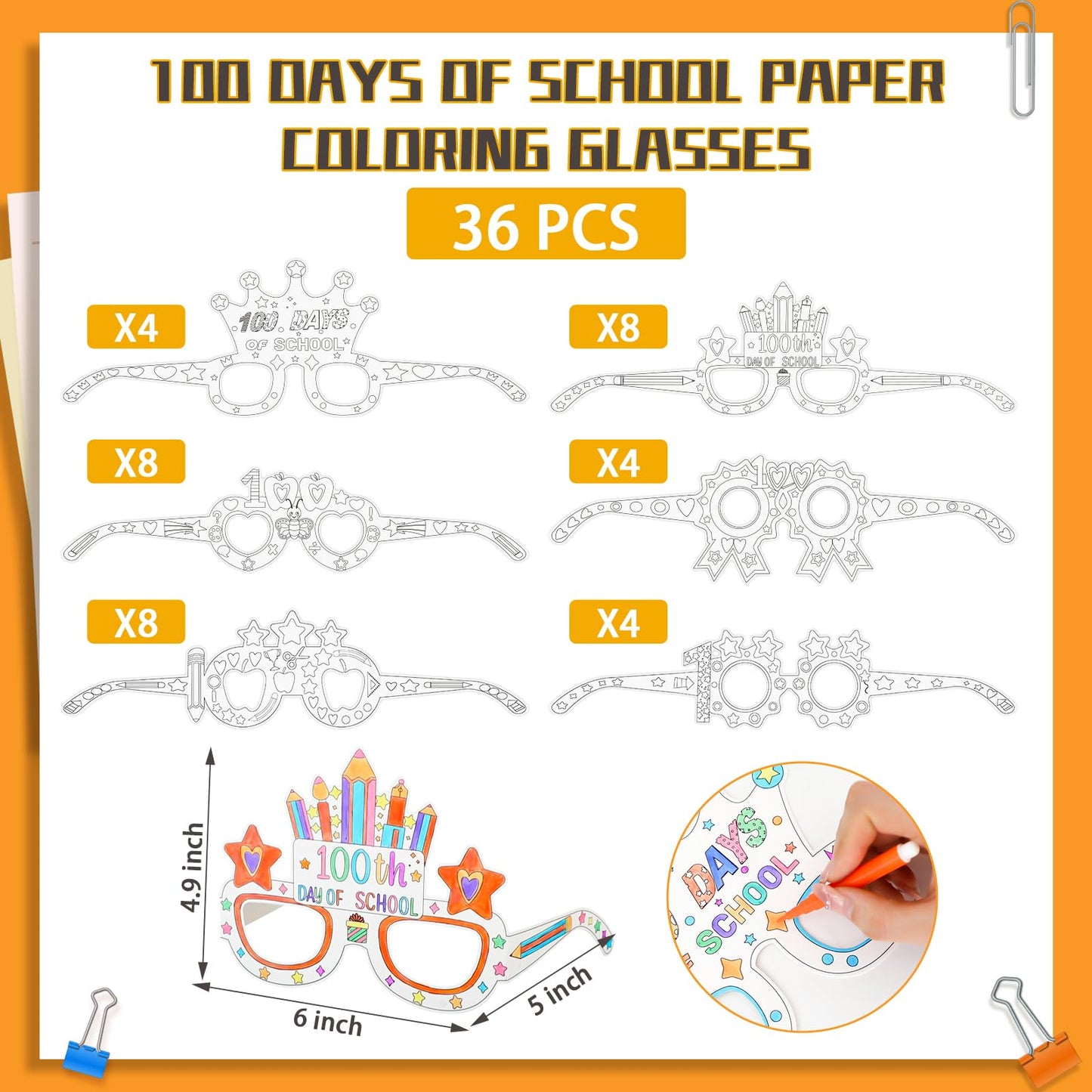 MUOUAKATE 36Pcs 100 Days Coloring Glasses – DIY Classroom Party Glasses (6 Designs)