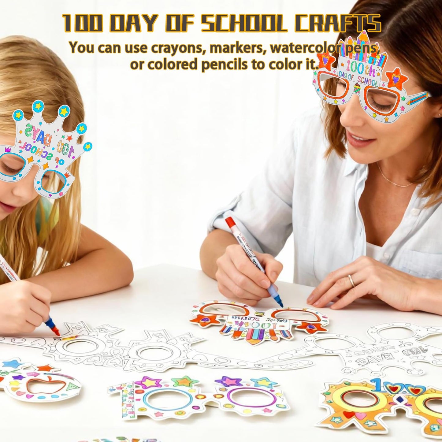 MUOUAKATE 36Pcs 100 Days Coloring Glasses – DIY Classroom Party Glasses (6 Designs)