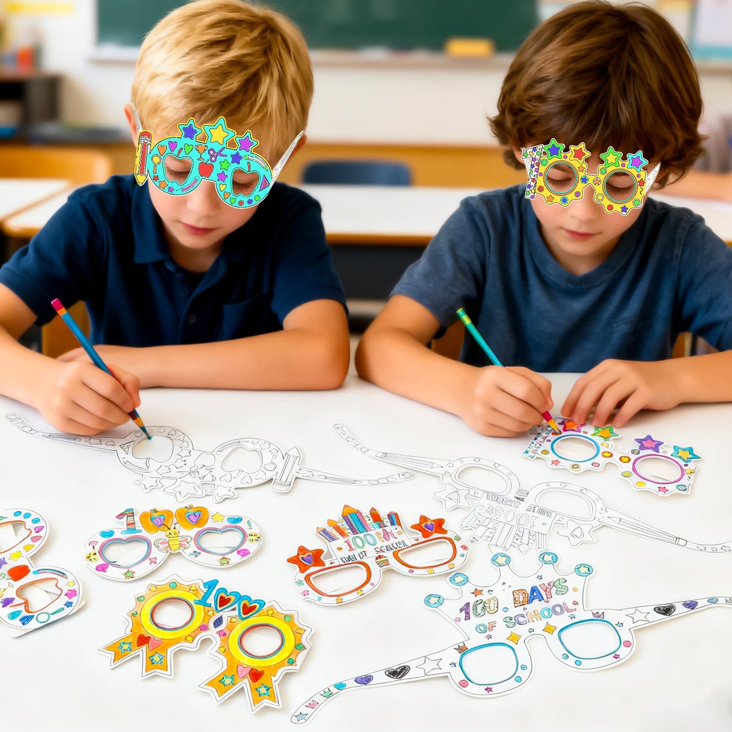 MUOUAKATE 36Pcs 100 Days Coloring Glasses – DIY Classroom Party Glasses (6 Designs)